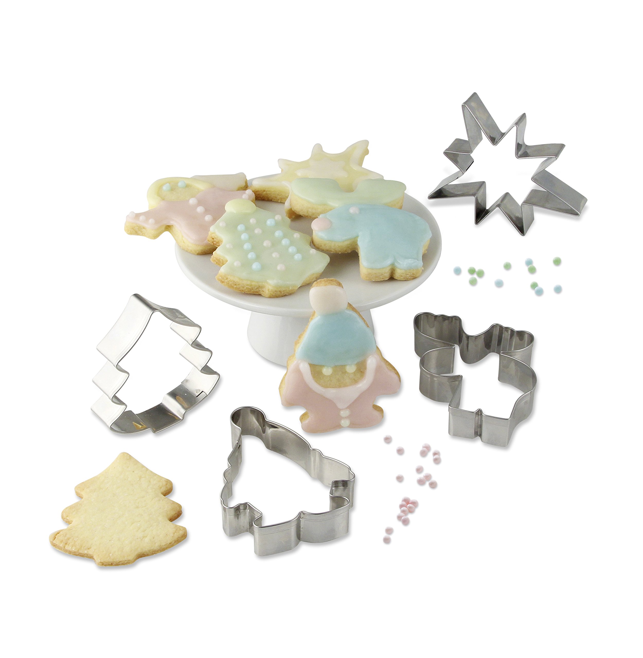 Dr. Oetker Ausstecherset "Leckere Weihnachtsplätzchen und Kekse für die kalte Jahreszeit", Teigroller aus Holz mit Ausstechformen aus Edelstahl und Linzer Ausstecher, Menge: 1 x 3er Set