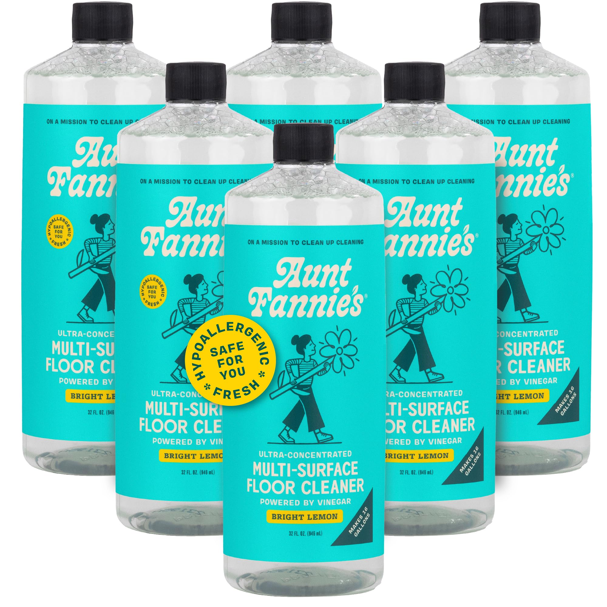 Aunt Fannie's Ultra Concentrated Floor Cleaner Vinegar Wash, Multi-Surface Solution For Mopping, Makes 16 Gallons, Bright Lemon Scent, 32 oz. (Pack of 6)