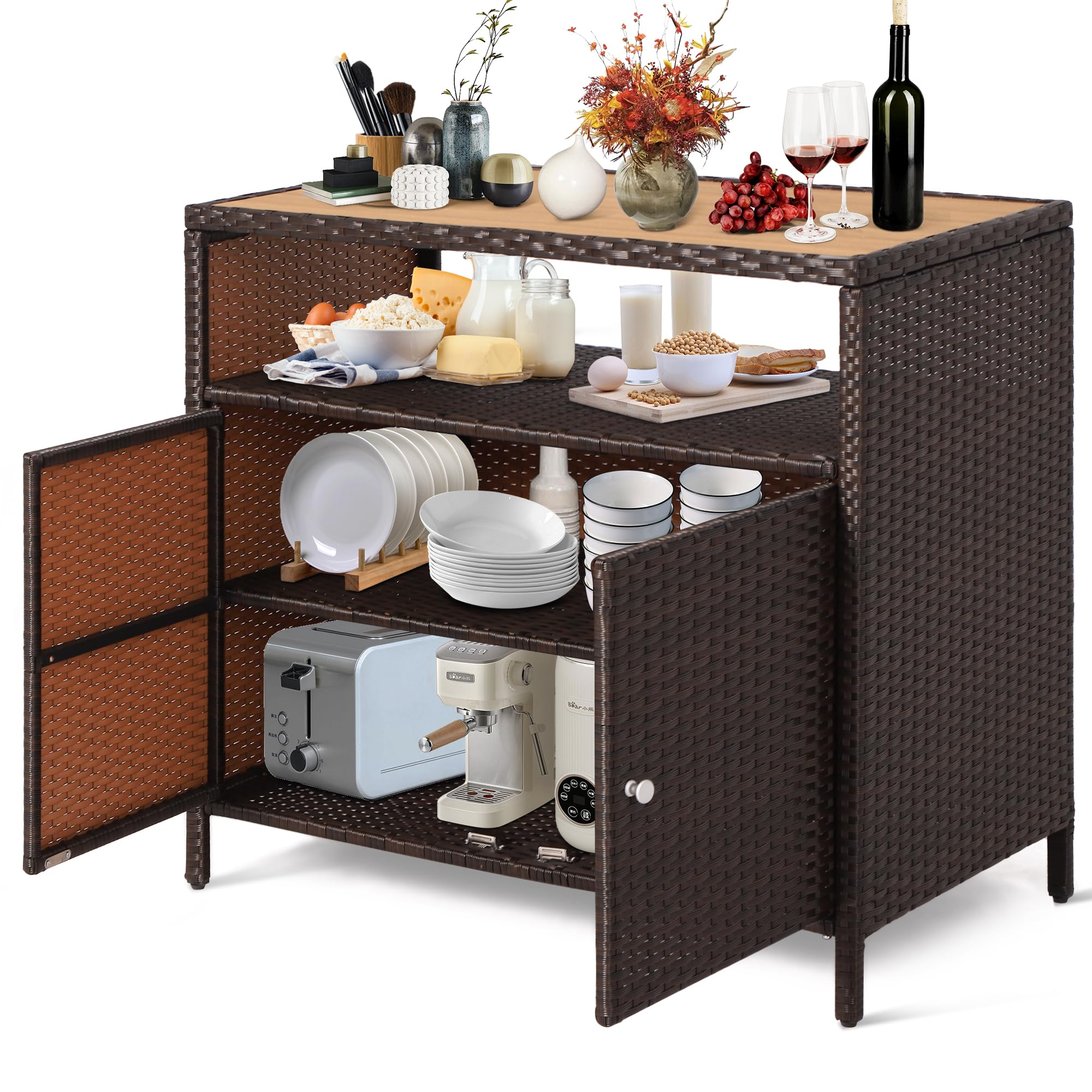 MAGIC UNION Outdoor Rattan Storage Cabinet, Patio Bar Table with 2-Door and Shelf, Outdoor Buffet Cabinet with Wood Countertop, Weatherproof Wicker