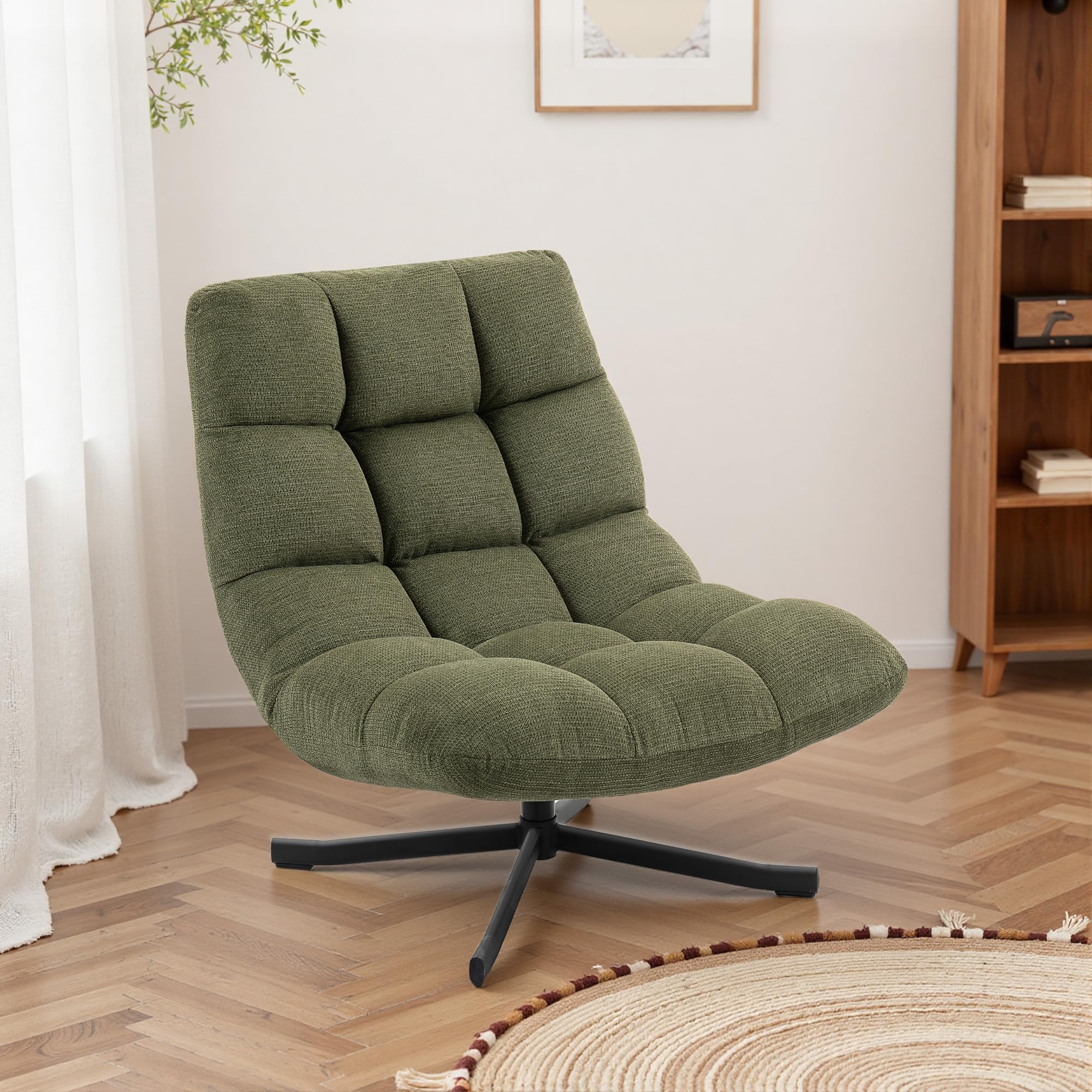 HOMCOM Sessel Drehbar Loungesessel mit Breiter Sitzfläche, gepolstert Relaxsessel mit wasserabweisend Chenille-Optik, gekreuzt Stahlbeine, modern Polsterstuhl für Wohnzimmer, Schlafzimmer, Grün