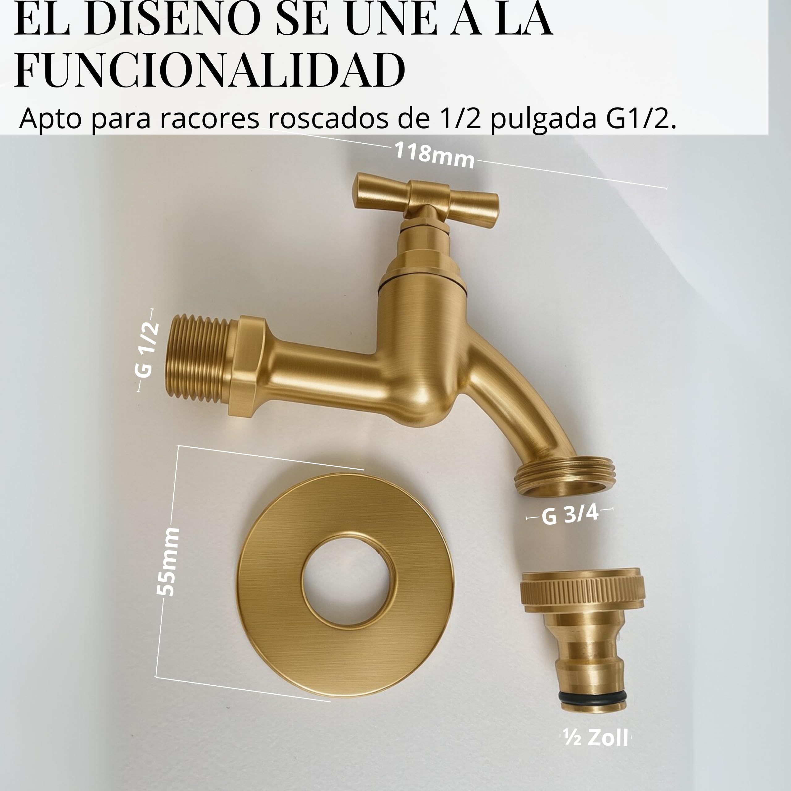 LIVLIG Premium Grifo de Jardín, Grifo exterior resistente a las heladas con guarnición de roseta y conexión de manguera, Grifo de agua fría de latón, Grifo de diseño dorado con recubrimiento en polvo