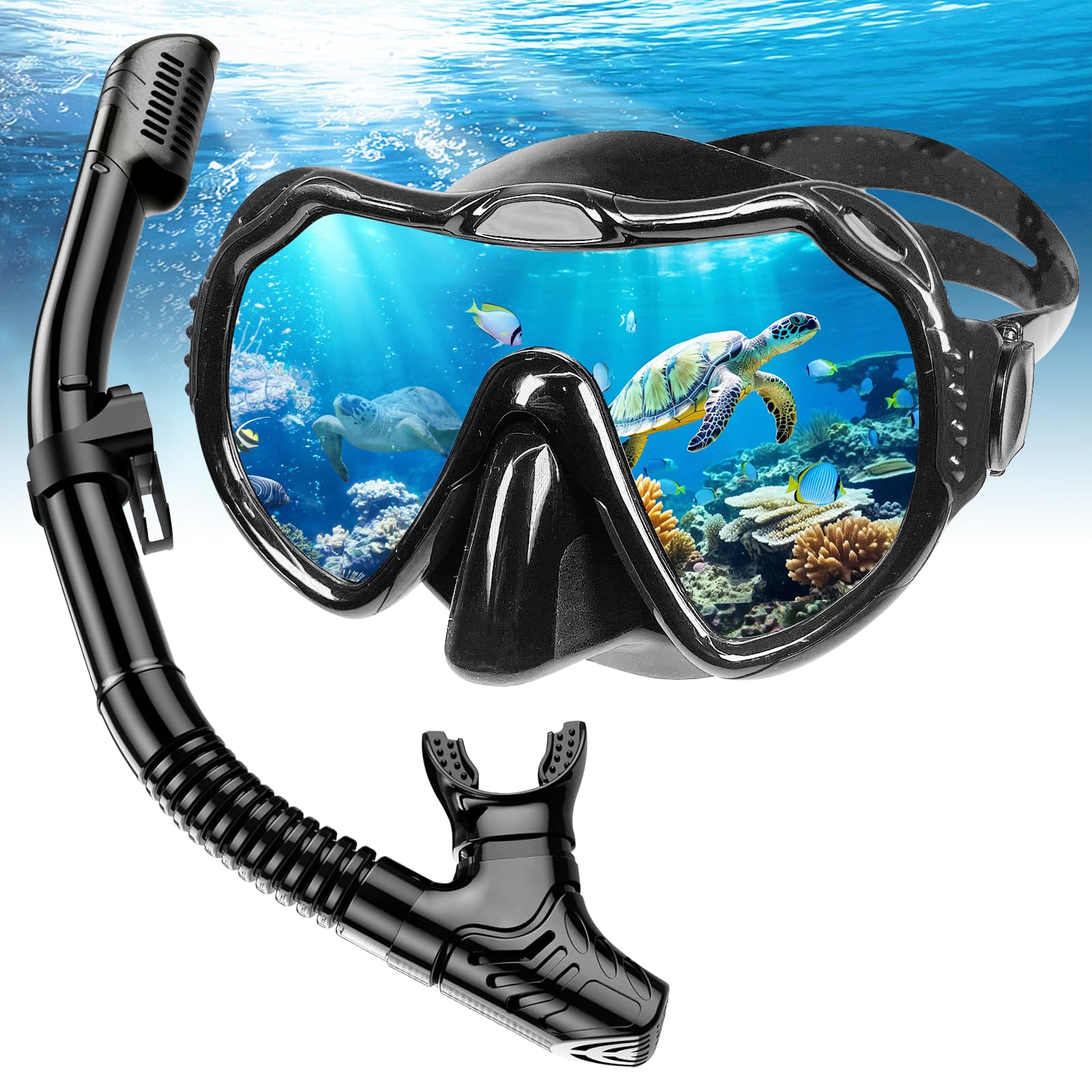 Snorkel Set Adult Snorkel Packages with Anti-Fog Panoramic View, Swimming Goggles, Dry Snorkel Set, Suitable for Snorkeling, Diving, Swimming