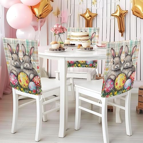 Miniatura 5 de Juego de 6 fundas decorativas para sillas de banquetes de boda, diseño de conejo, conejos, conejos de búfalo, para mesa de comedor