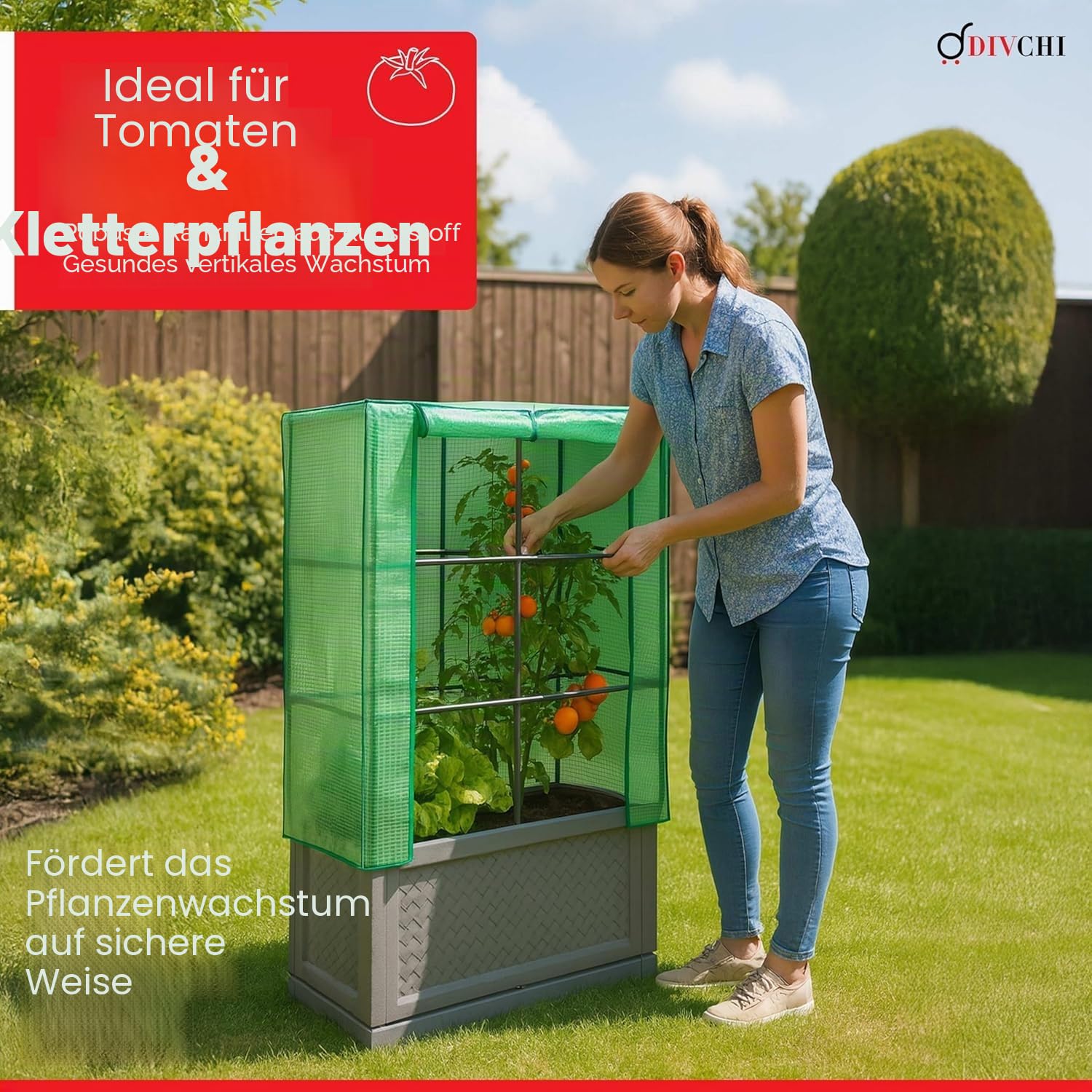 DIVCHI Hochbeet für den Außenbereich mit aus PE und Rankgitter | Großes Kunststoff-Gartenbeet für Gemüse, Kräuter und Kletterpflanzen | Ganzjahres-Pflanzkasten | Pflanztrog für den Außenbereich