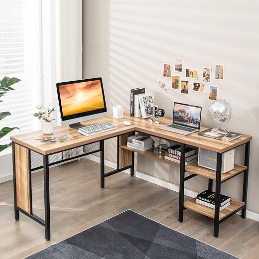 DESKIZIA Office Table for Home | L Shaped Office Desk with Bookshelf &amp; Storage Shelves | Wooden Study &amp; Computer Table for...