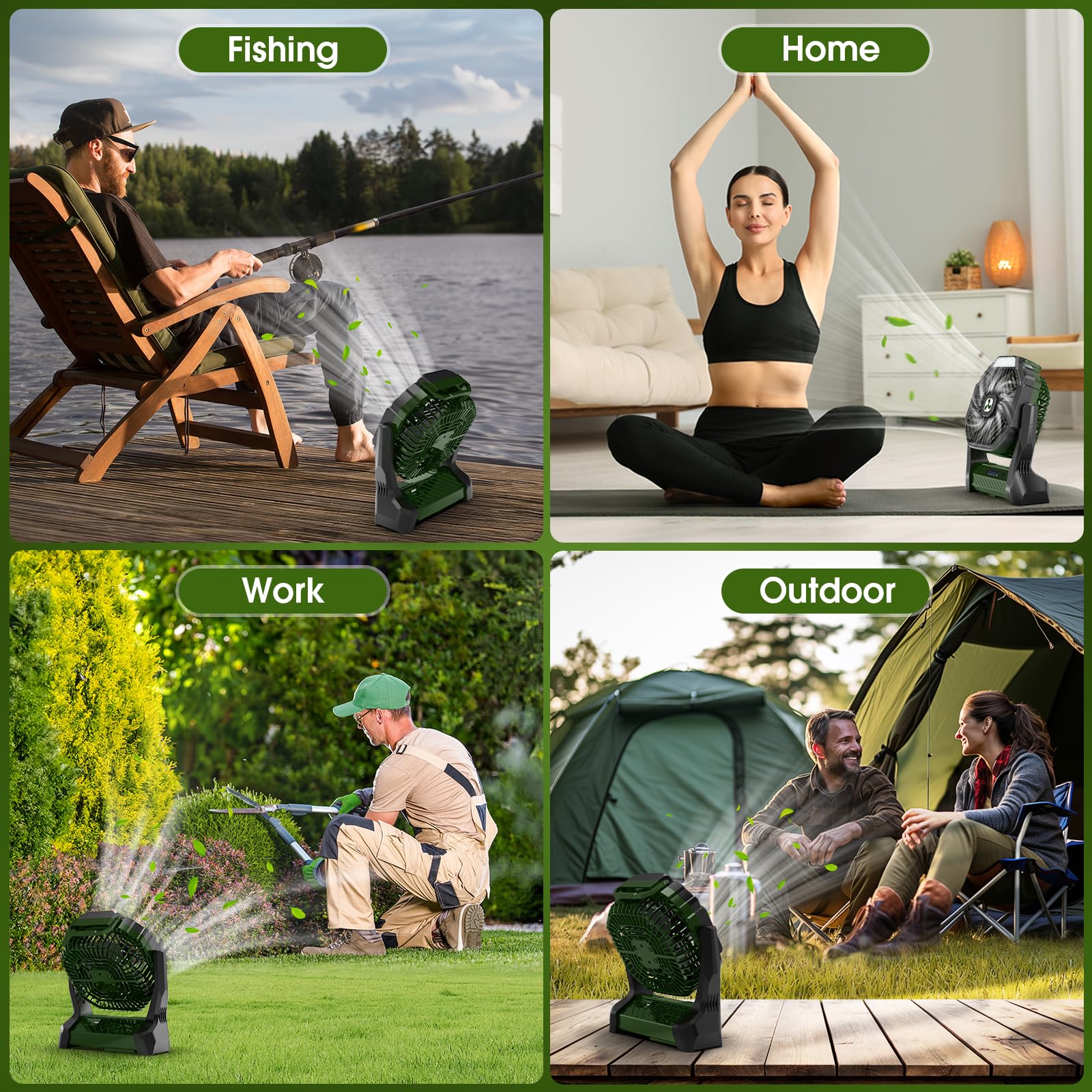 Batteriebetriebener Ventilator 20000mAh Kabellos, Wiederaufladbarer Tragbarer Ventilator mit LED-Laterne, USB-C-Akku Tischventilator, Campingventilator für Reisen Strand Green