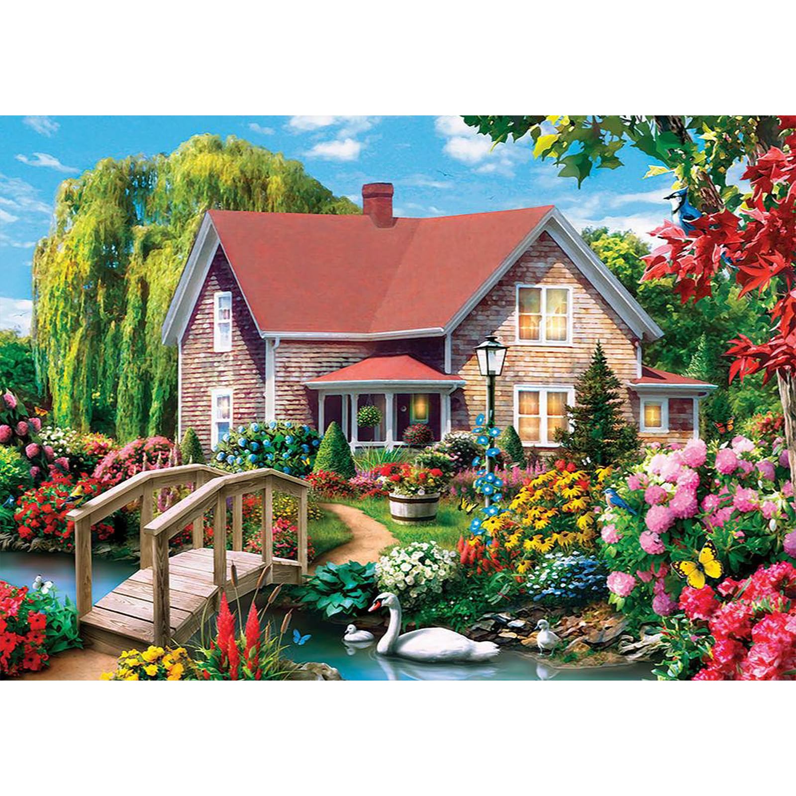 MEIYUDA Diamond Painting - Red House River Scene with Swans, DIY Gem Crystal Art Kit for Home Wall Decor 40x30cm