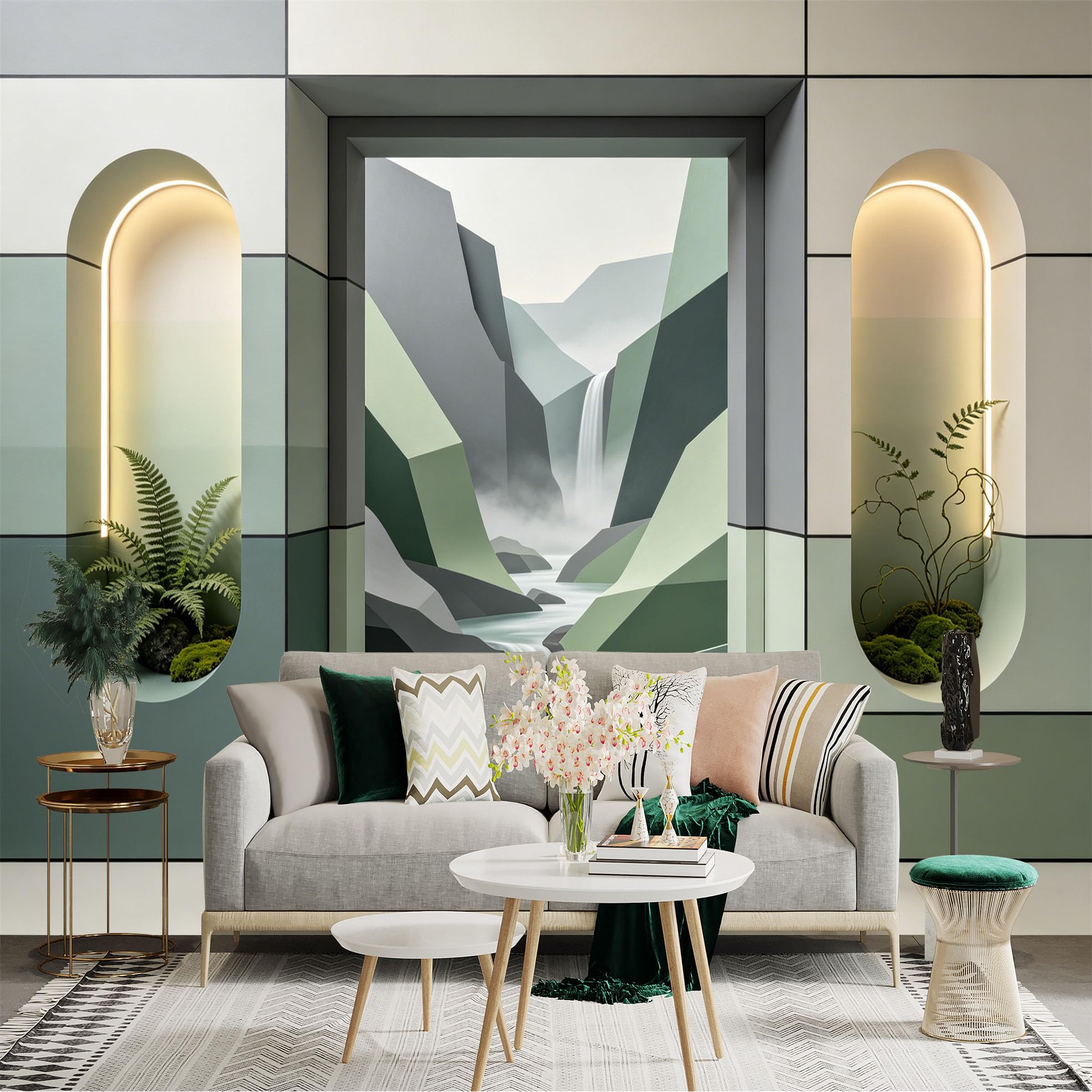 Custom Size Wall Sticker Mural， Modern Geometric Landscape with Waterfall and River， for wall Decoration， peelandstick wall Decals.