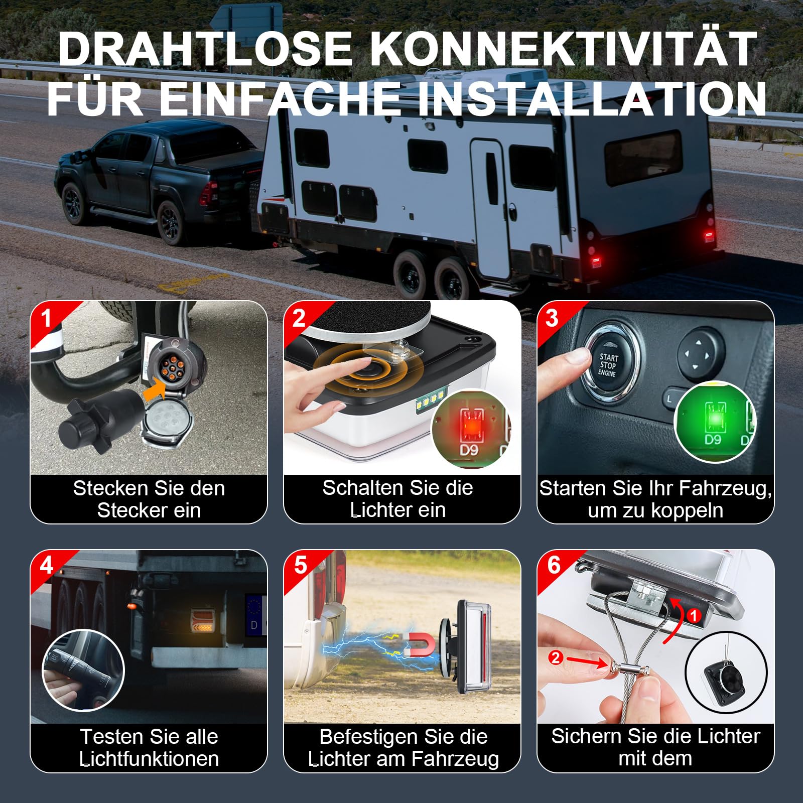 Dinfu kabellose LED Rückleuchten Anhänger mit Magnetfuß 12V-24V | LED anhänger licht Set mit 7 Polig Stecker IP67 Wasserdicht für Pkw Anhänger Lkw Wohnwagen Traktor
