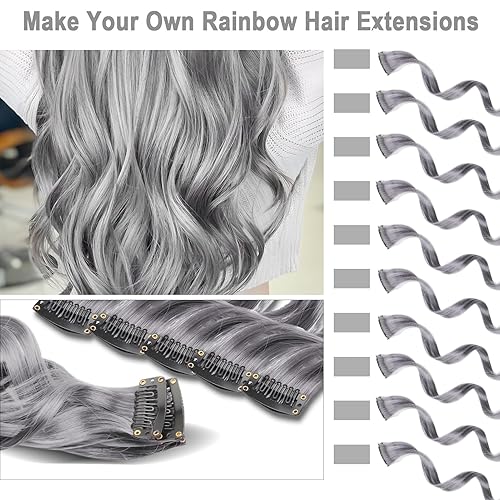 Miniatura 2 de Olldag 10 extensiones de cabello gris, rizadas, onduladas, sintéticas, con clip en arco iris neón para fiesta, accesorios de cabello coloridos para
