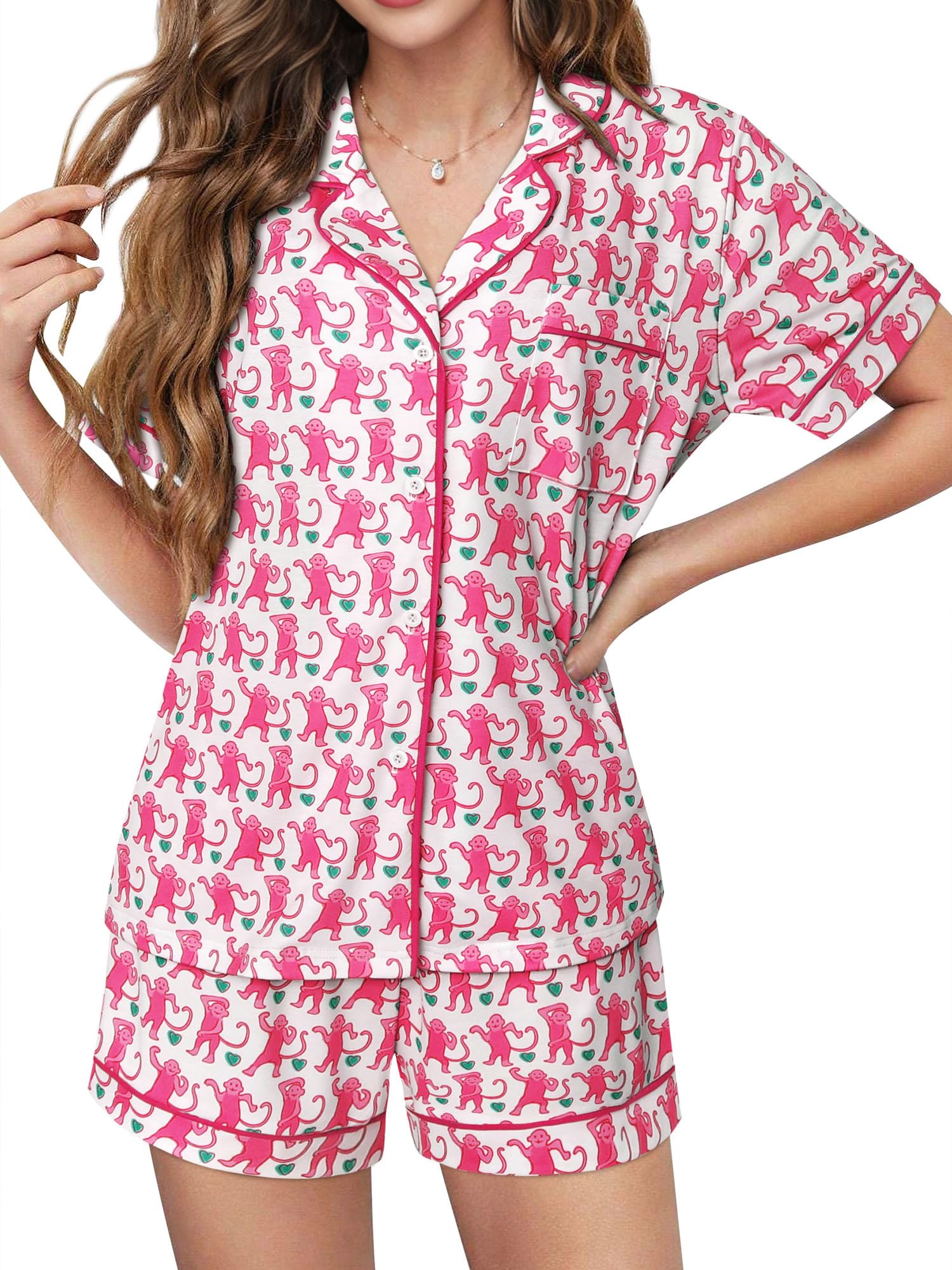 FEMLEWomens Preppy Monkey Pajamas Y2k Cute Pj Sets 2 Piece Short Sleeve Button Down Loungewear Pjs Shorts Pajama Set