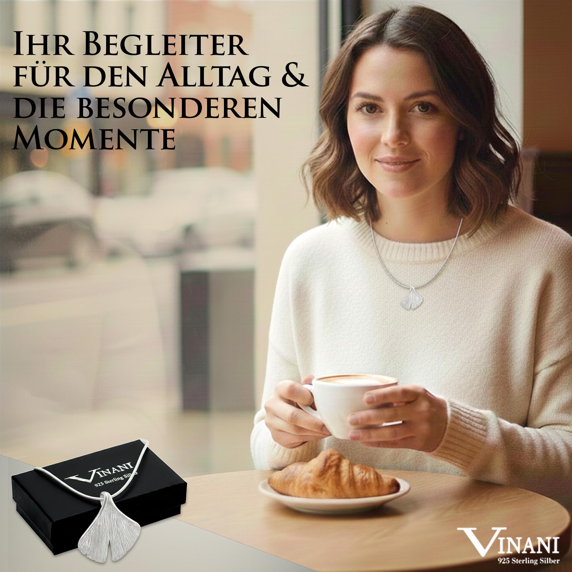 Vinani 925 Sterling Silber Ginkgo Blatt Anhänger mit Schlangenkette AGK | Schutzengel-Anhänger mit Schlangenkette aus Italien, nickelfrei, antiallergisch und anlaufgeschützt.