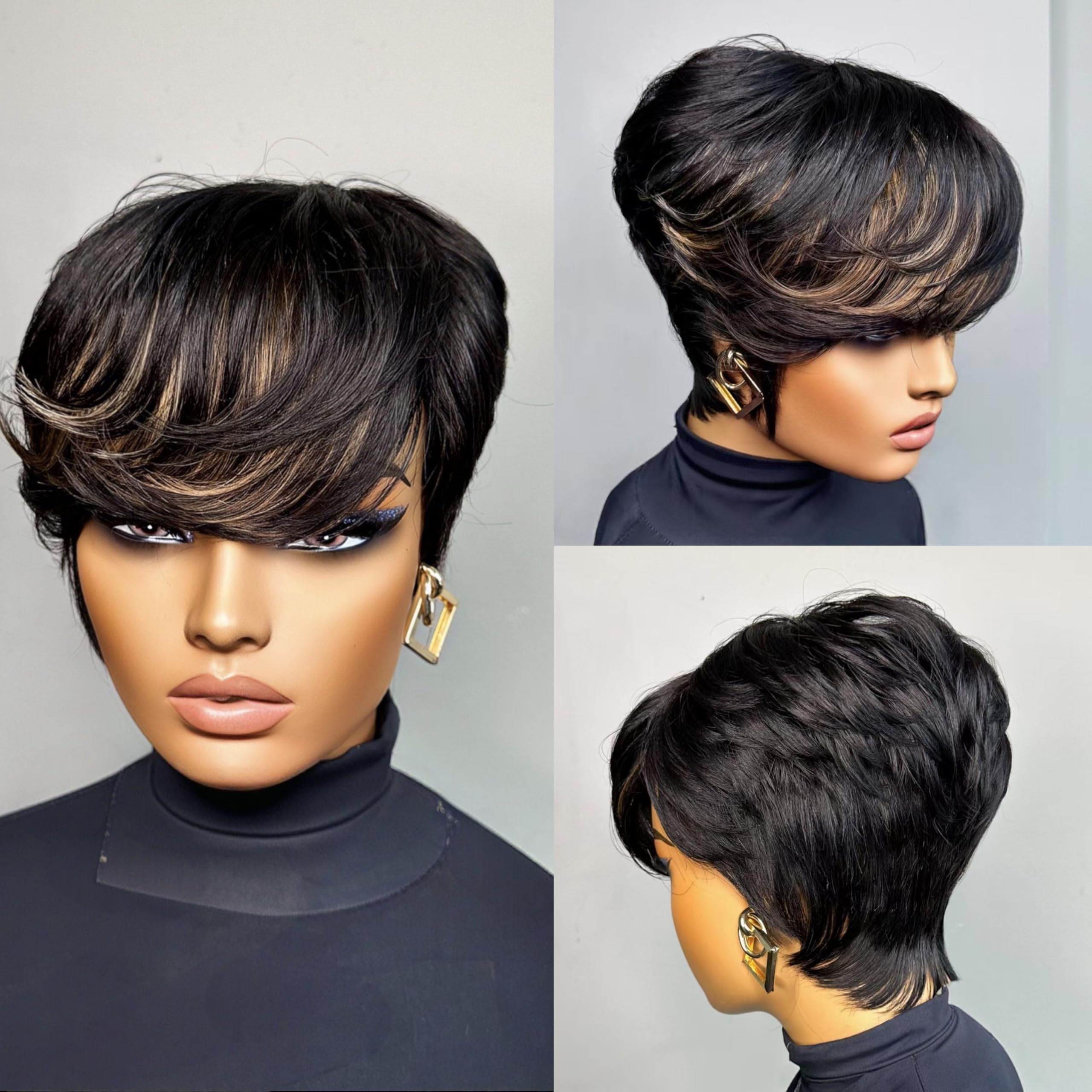 Straight Human Hair Pixie Wig Glueless Brazilian Virgin Hair With Bangs Amazon.com : SQPLXK Short Bob Human Hair Wig with Bangs 4/27  main image 4