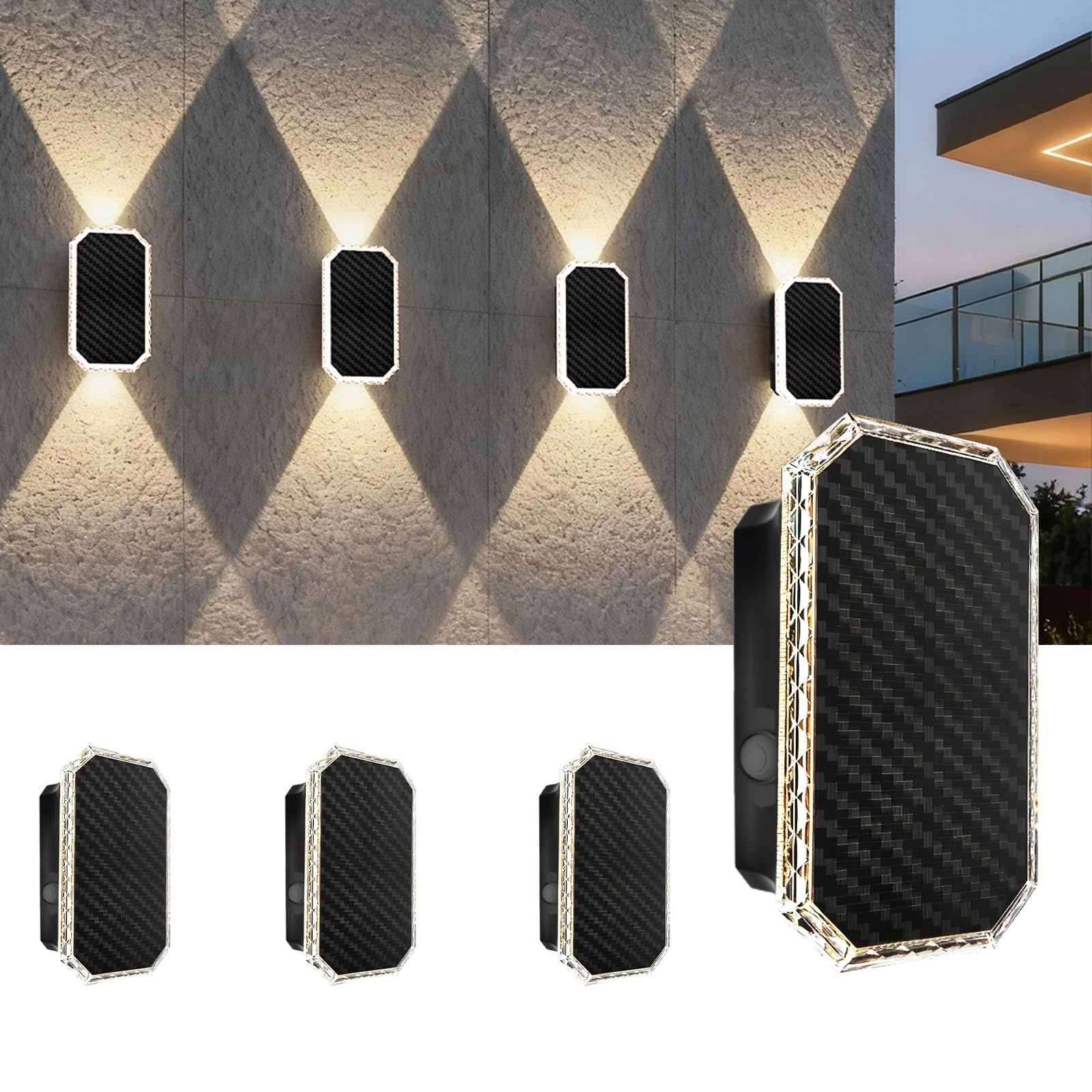 YATOSEEN 4 Pack Solar Fence Lights, 3 Colors Outdoor LED Wall Lighting, Up and Down Waterproof IP65, for Landscape/Fence/Patio/Wall/Garden