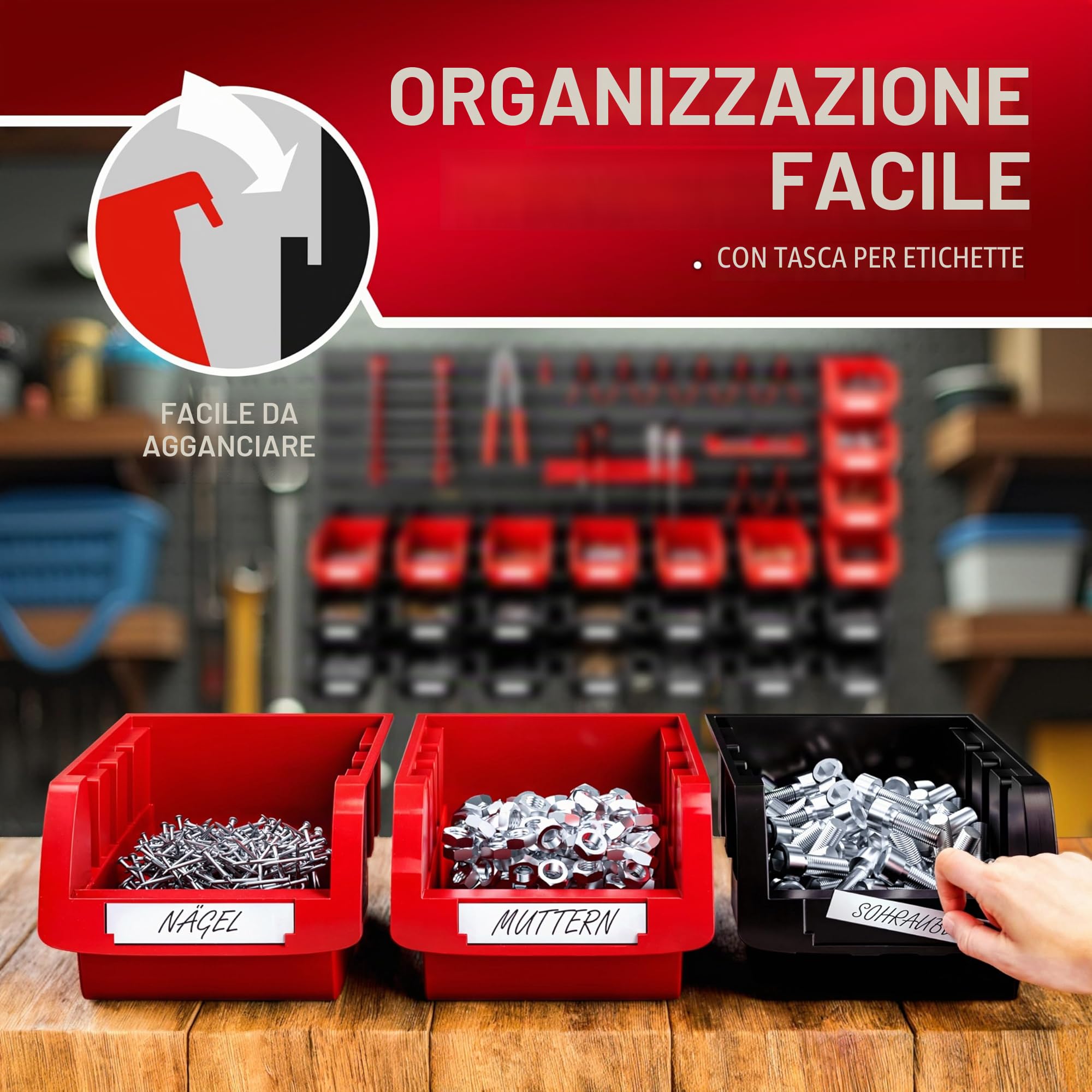 DEUBA® Pannello Preforato Portautensili 43 pz. Box Impilabili Parete Attrezzata Officina Organizer Ampliabile Garage