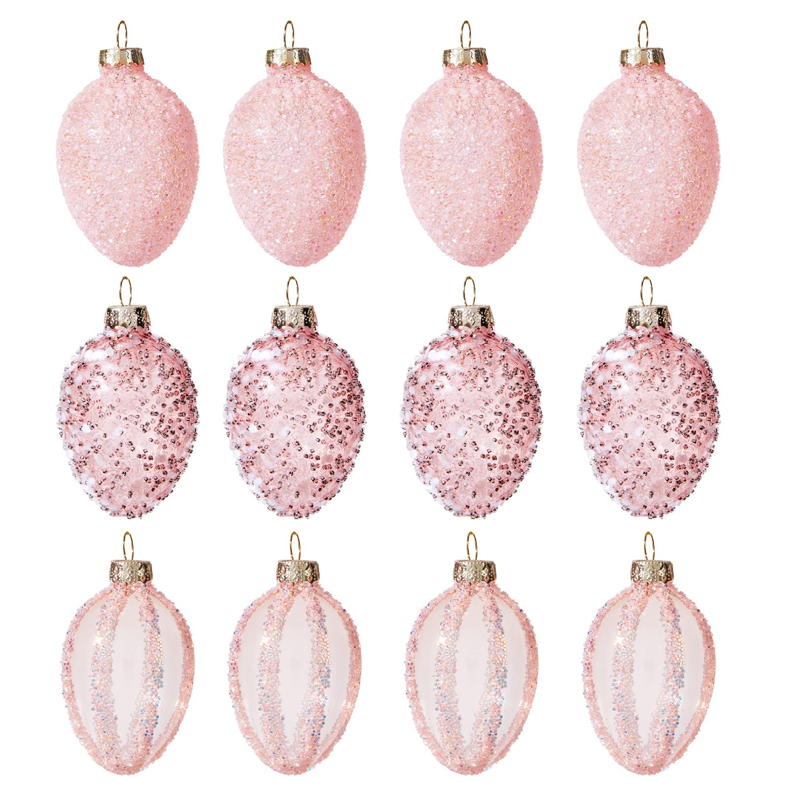 DN DECONATION 12-teiliges Set Geblasene Gläserne Ostereier, Luxus Osterdeko mit Glitzer & Pailletten in Rosa/Gold, Elegante Osteranhänger für Baum, Wand & Tisch, Hochzeitsdekoration Geschenk