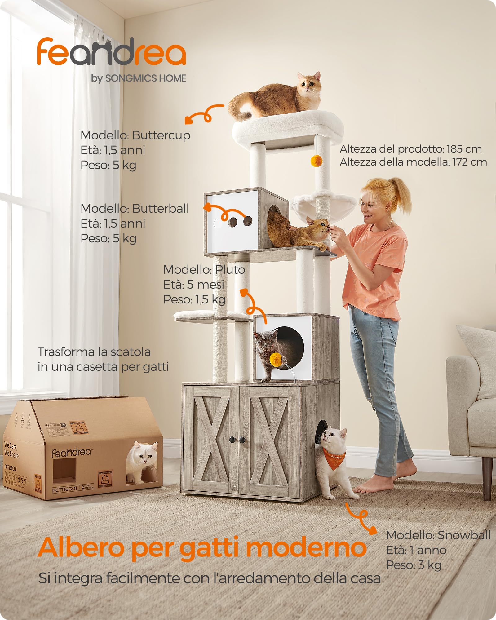 Feandrea Albero per Gatti Moderno, Tiragraffi con Mobile per Lettiera, 185 cm, Condominio per Gatti, Graffiatoi, Trespolo, Cuscini Lavabili, Greige PCT116G01
