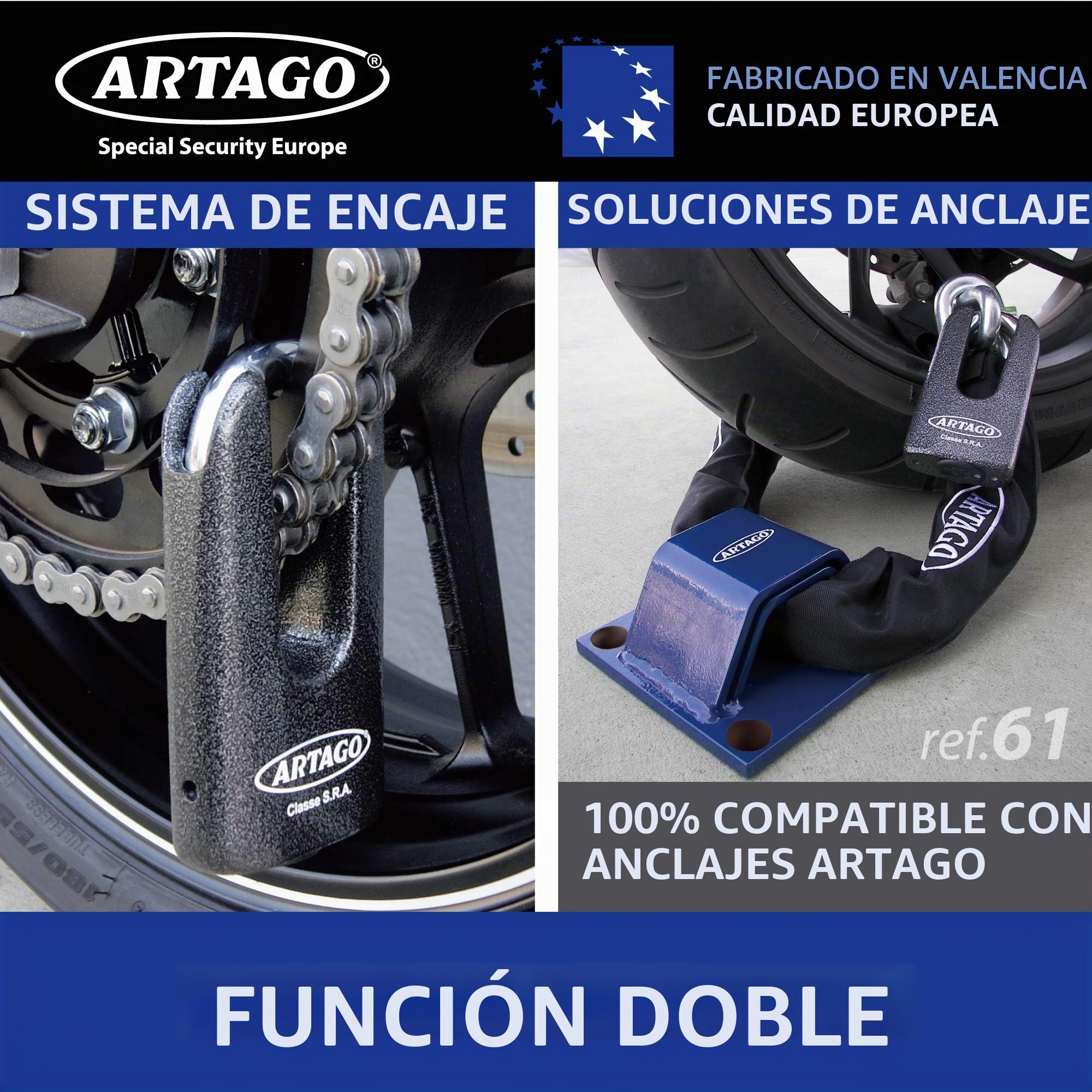 Artago 69T100 Cadena Antirrobo Moto Pesada + Mini U,Maxima Seguridad Homologada SRA, Sold Secure Gold, ø15mm 100cm, Candado Mini U Acero Forjado MONOBLOK, Máxima Seguridad Testada, BUNKER SELECTION