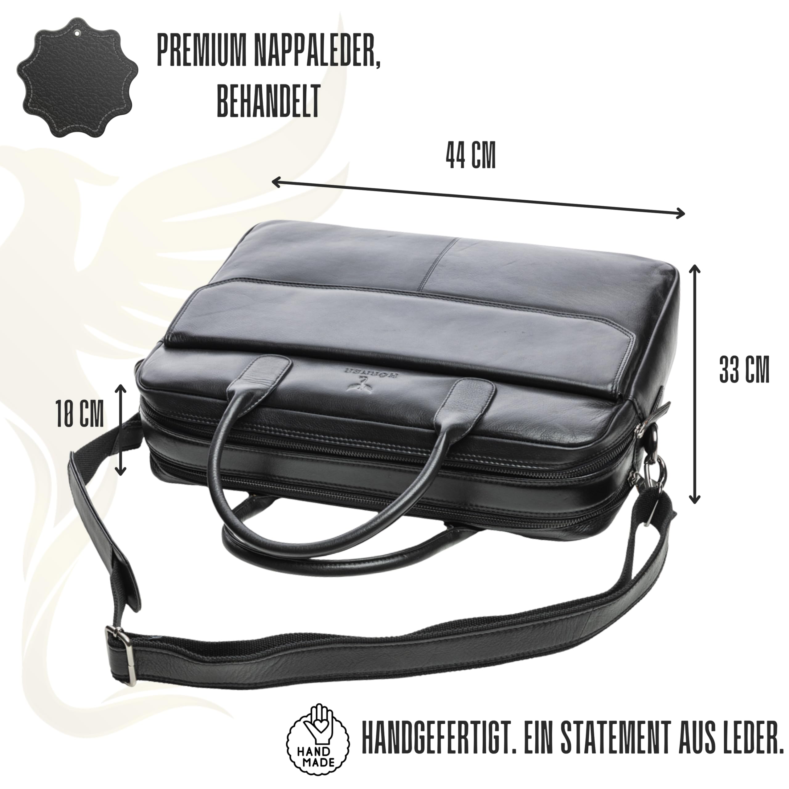 Hörner Düsseldorf Businesstasche Echtleder – Schwarz | Laptoptasche bis 16″, 44×33×10 cm | 2 Hauptfächer, viele Innenfächer, professioneller Organizer