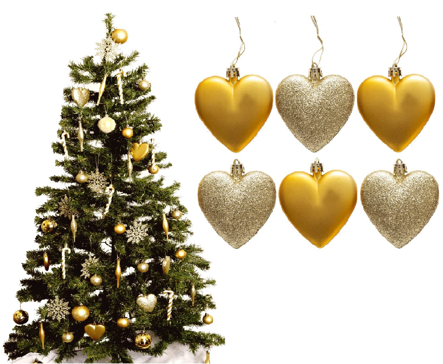 Simply Products Gold 6Pc Large Glitter & Matte Heart Baubles - Great Christmas Tree Decorations, Heart Baubles (Gold)