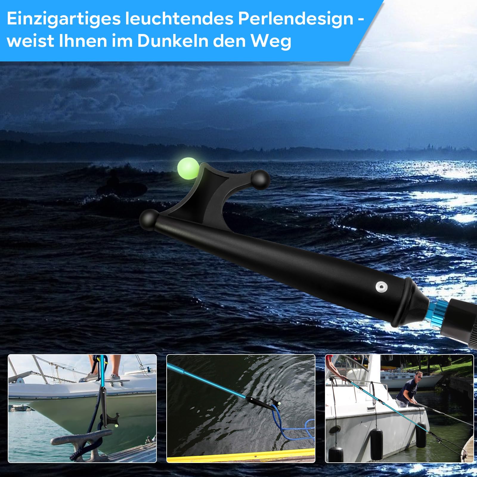 KOMCLUB Gancho telescópico para barco de aluminio, peso ligero, barra extensible, mango de goma antideslizante con perlas luminosas, gancho de plástico y cordón para acoplamiento y mudanza