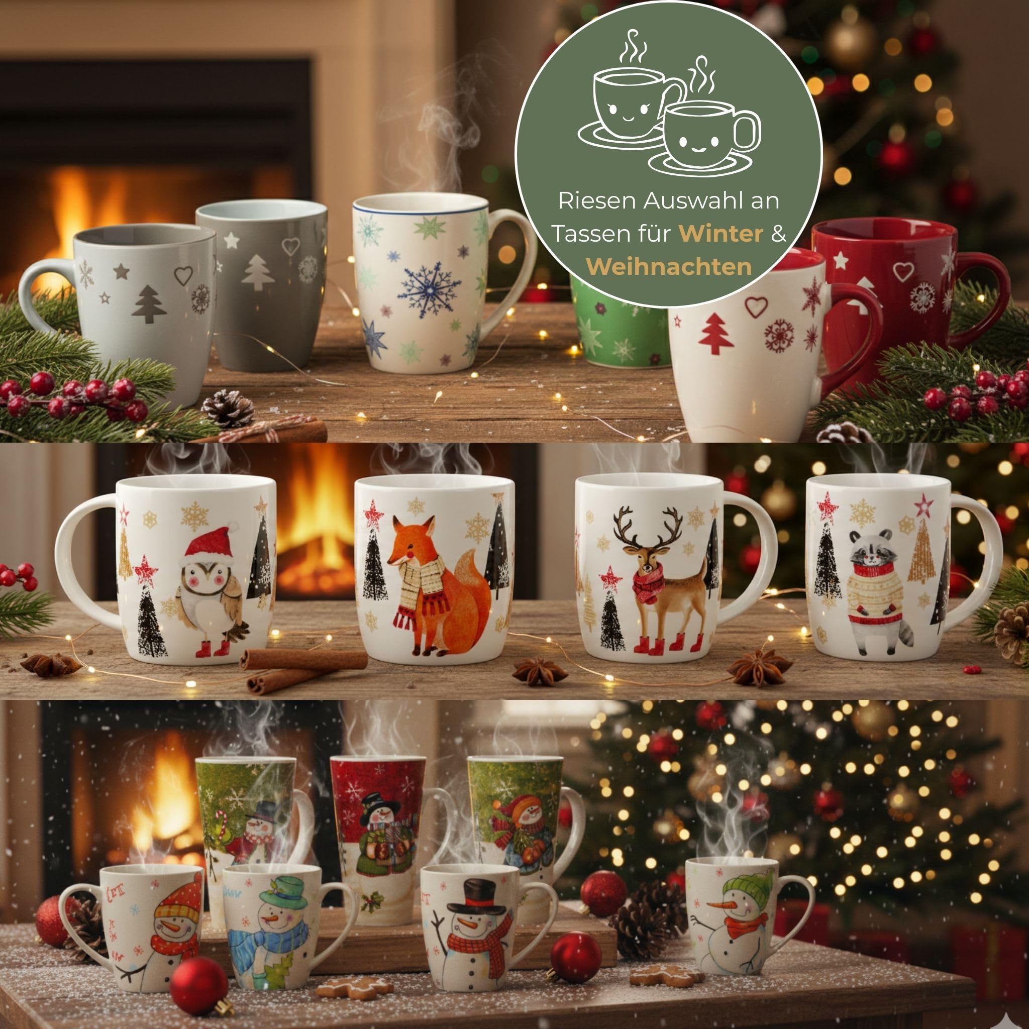 Schöne Weihnachtstassen im 36 Stk. Karton - Große 300 ml Weihnachtsmotiv Kaffee-Tassen in rot, weiß