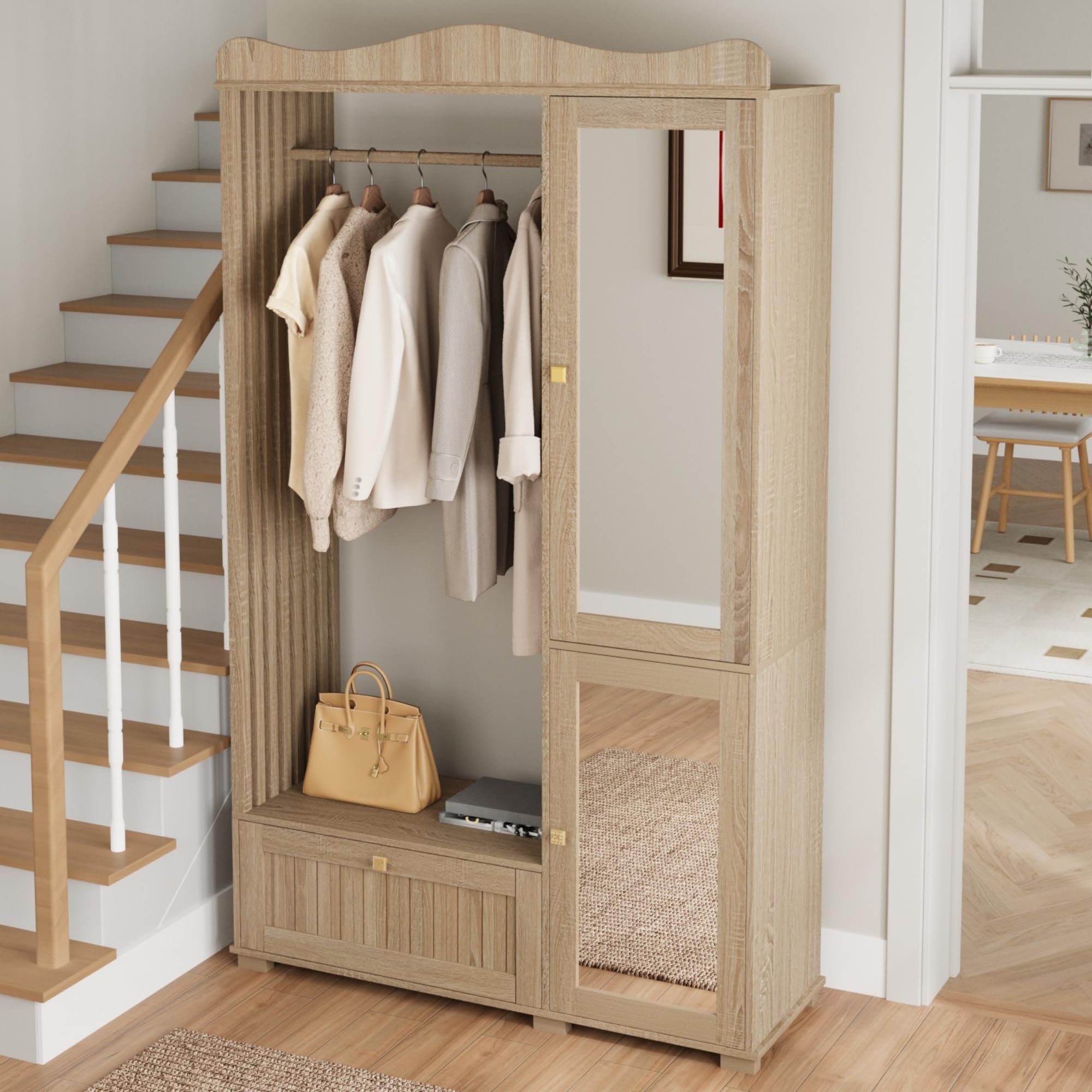 Armario con espejo, 2 puertas, barra y cajón | Tres zonas de almacenamiento de madera de roble, silenciosas herrajes para dormitorio, pasillo y pasillo