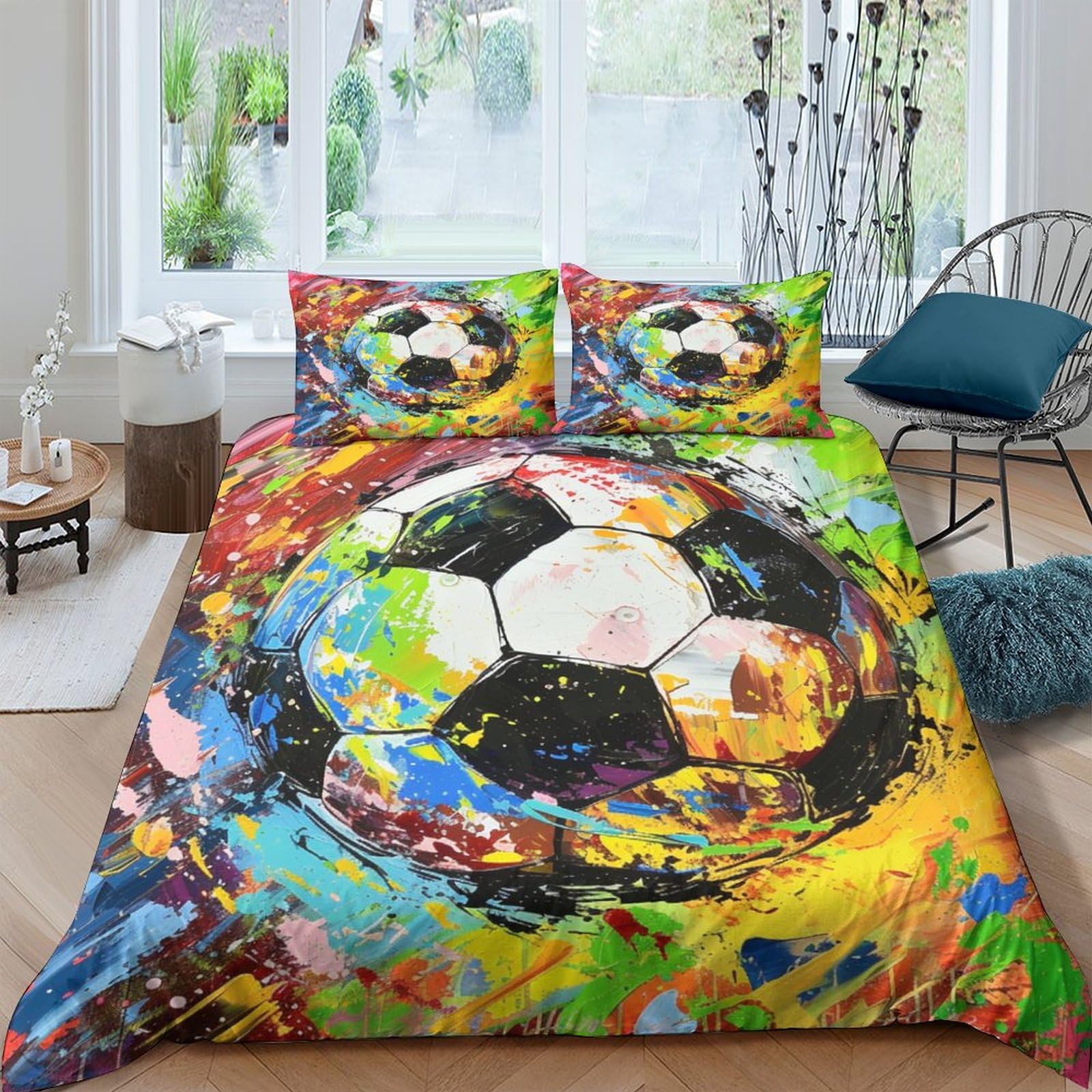 Housse de couette football 3D lit double 200x200 cm avec taie d'oreiller