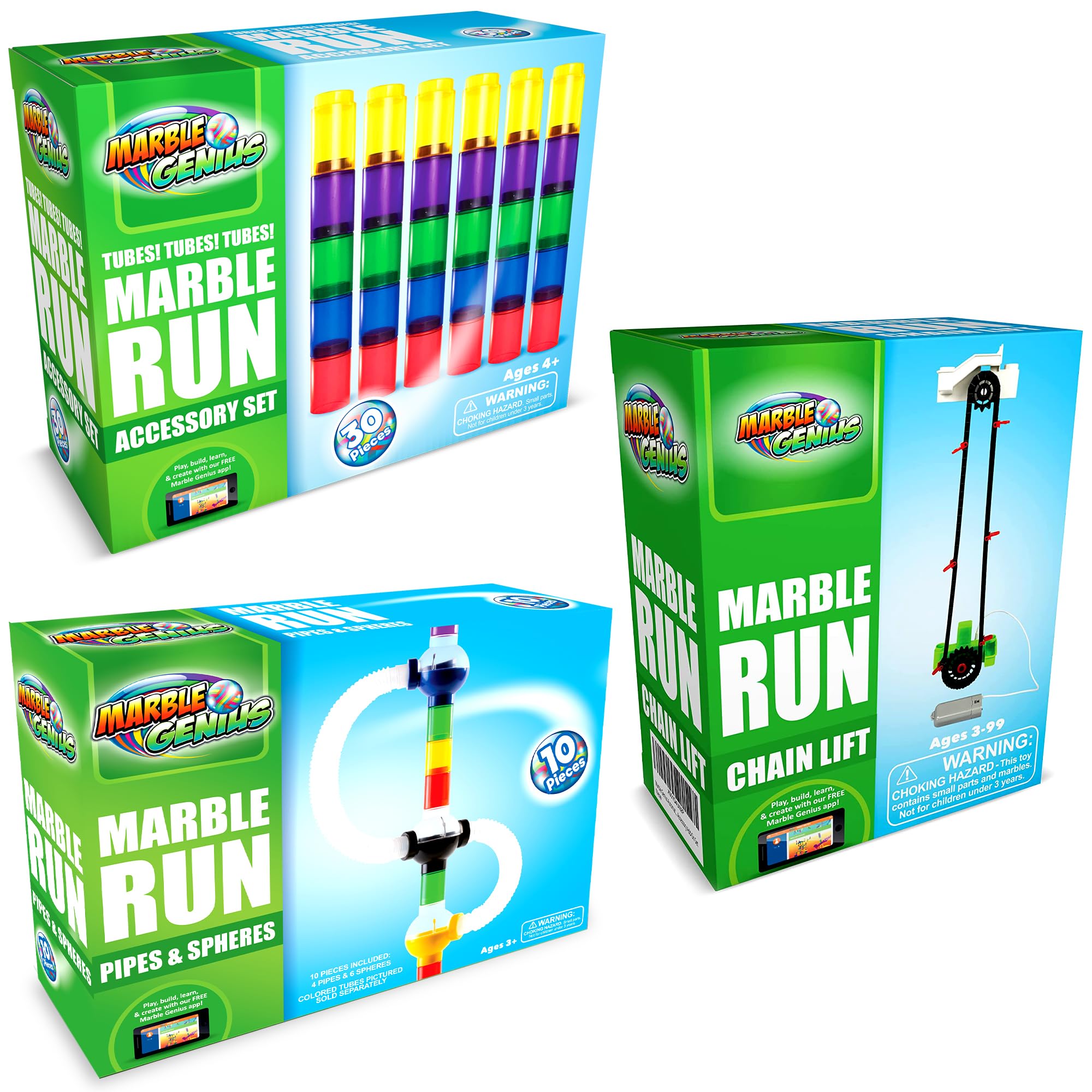 Bundle: Automatic Chain Lift, Pipes, Spheres, and, Tubes, The Perfect Marble Run Accessory Add-On Sets for Creating Exciting Mazes, Tracks, and Races