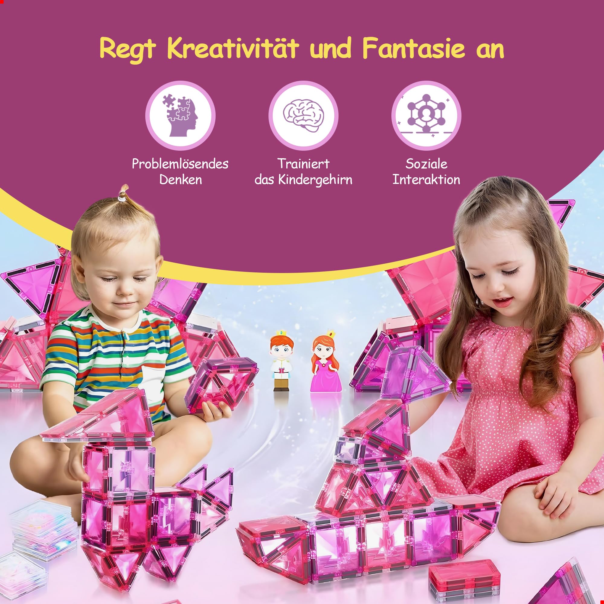 Olvy Magnetische Bausteine Montessori Spielzeug - 80 Magnetic Tiles Kinder - Magnetisches Konstruktionsspielzeug Ab 3 Jahre - Smart Playground Magnetbausteine, Magnetset Kinder (Prinzessin)