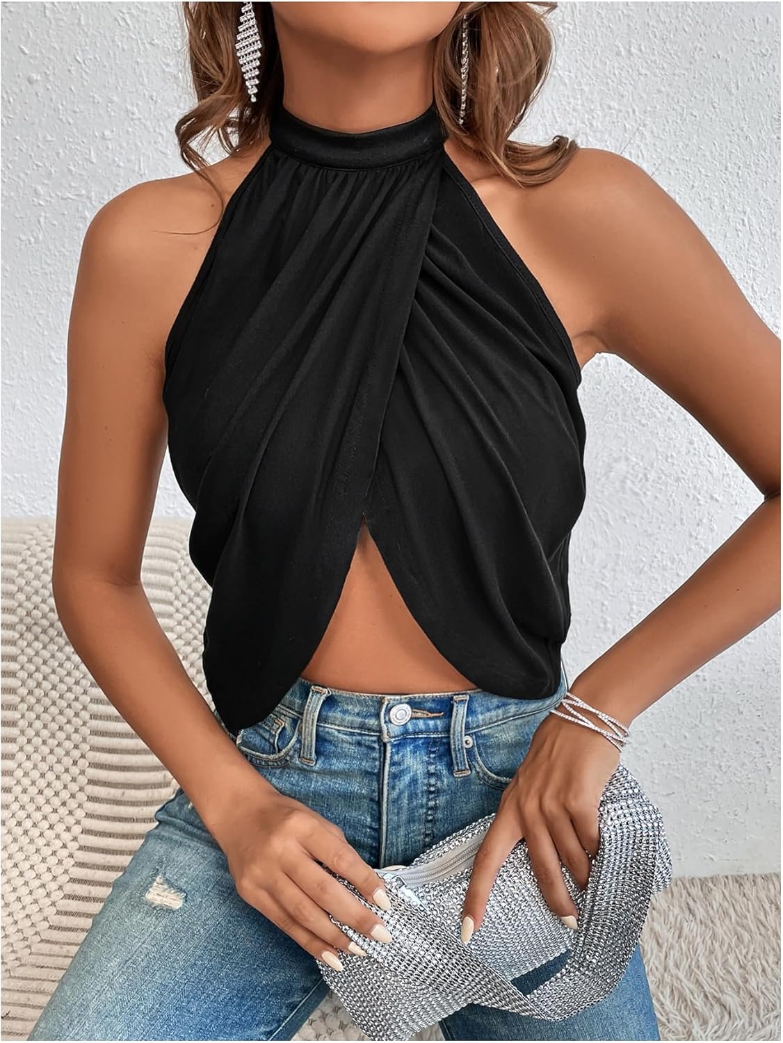 GORGLITTER Women's Rhinestone Open Back Halter Tops Sleeveless Wrap Crop Top Club Going Out Tops - Image 2