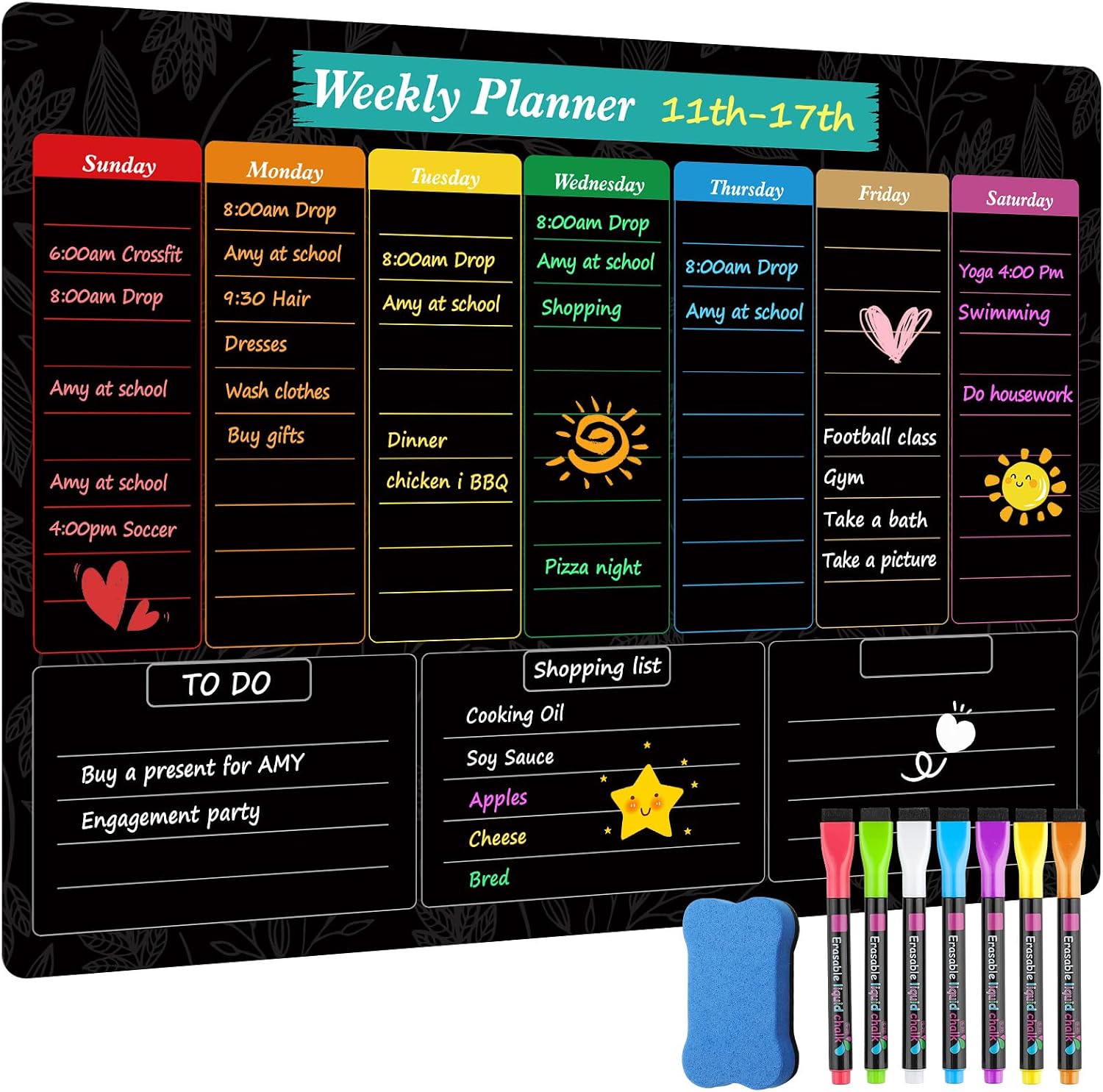 MaxGear Magnetic Black Dry Erase Board Sheet 12"x8" for Refrigerator and Weekly Black Dry Erase Board,16"x12" Magnetic Whiteboard Meal Planner Blackboard for Fridge