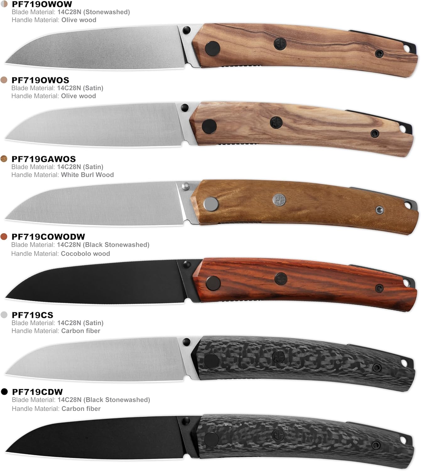 Petrified fish PF719 Patte Folding Knife,3.38" 14C28N Steel Satin Blade, White Burl Wood Handle Thumb Stud Liner lock Pocket Knife