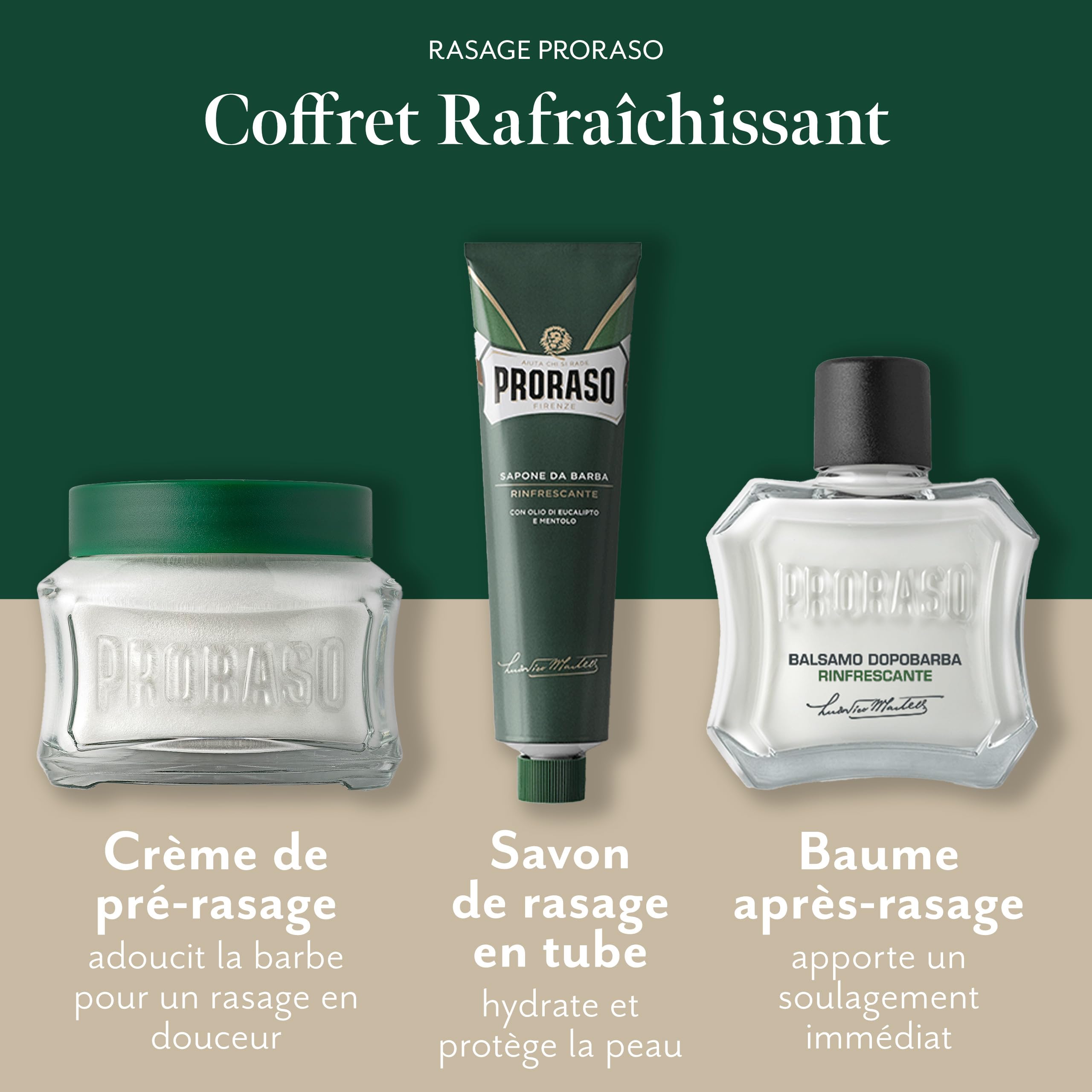 Proraso Coffret Cadeau Vintage « Gino », Kit de Rasage (3p) avec Crème Avant-Rasage, Crème à Raser & Baume Après-Rasage, Huile d'Eucalyptus & Menthol