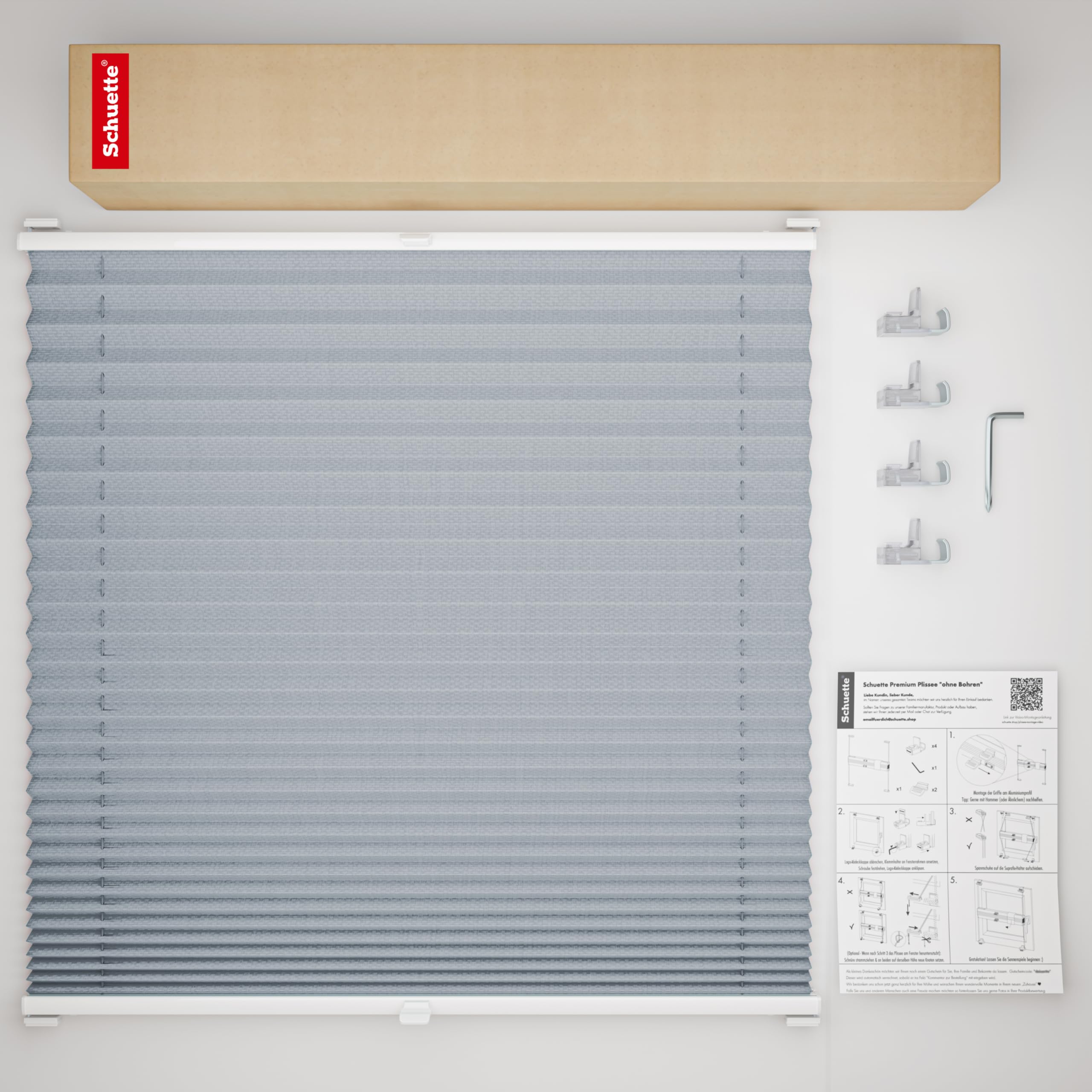 Schuette® Plissee ohne Bohren ● Premium Kollektion: Silver Sonata (Grau) ● 90x120cm (Breite x Höhe) ● Suprafix Faltrollo Klemmfix 2.0 Rollo ● 60 Sekunden Plisseerollo Montage inkl. Video