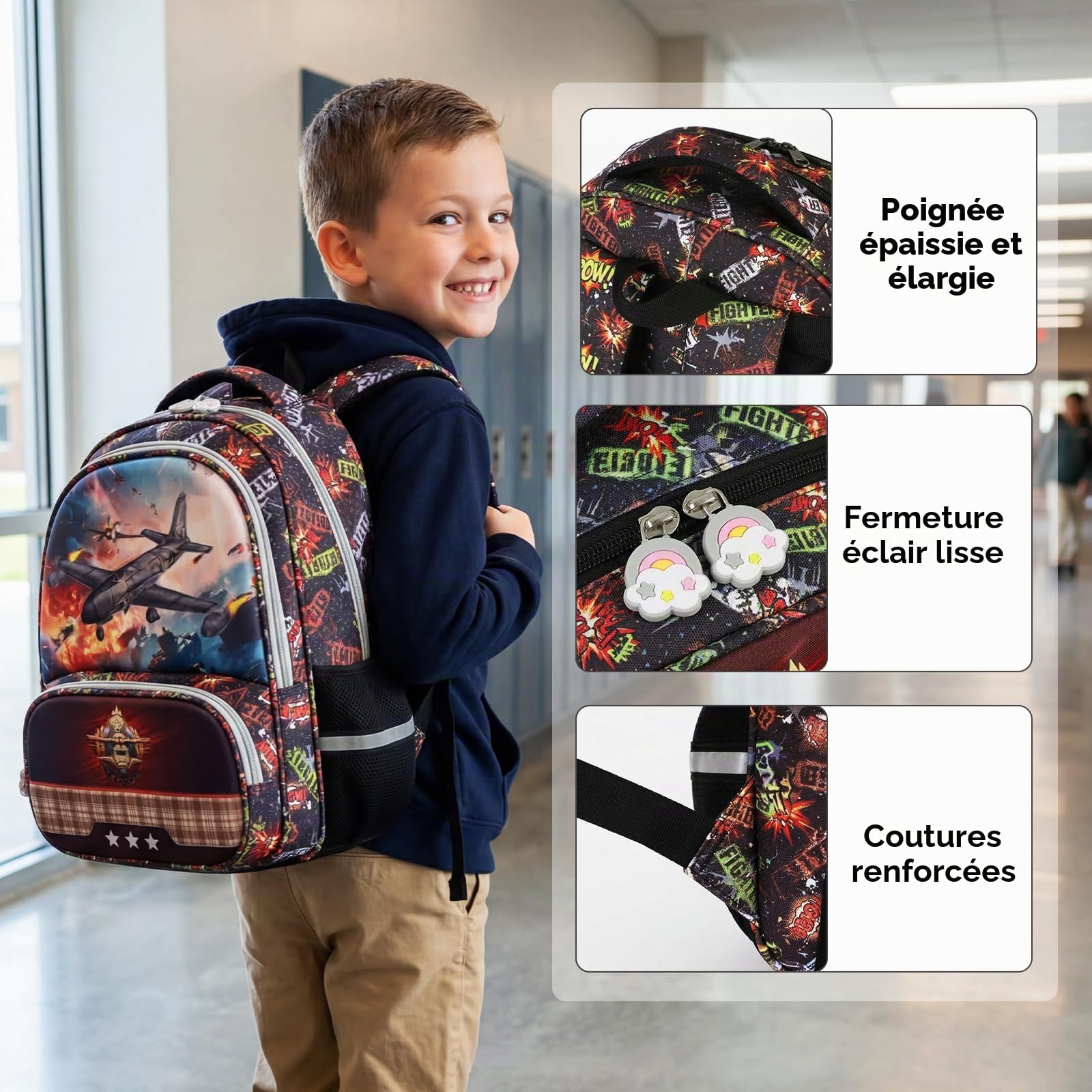 Amythe Cartable École Garçons Classes de 1 à 5 Respirant Voyage, Avion