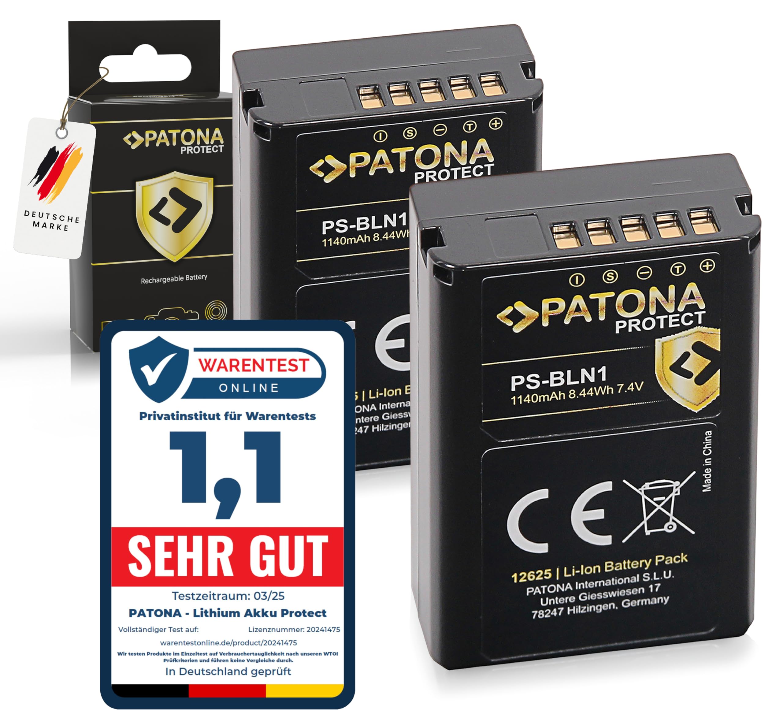 PATONA 2X Protect Batterie pour Olympus PS-BLN1 BLN-1 BLN1, 1140mAh 7.6V