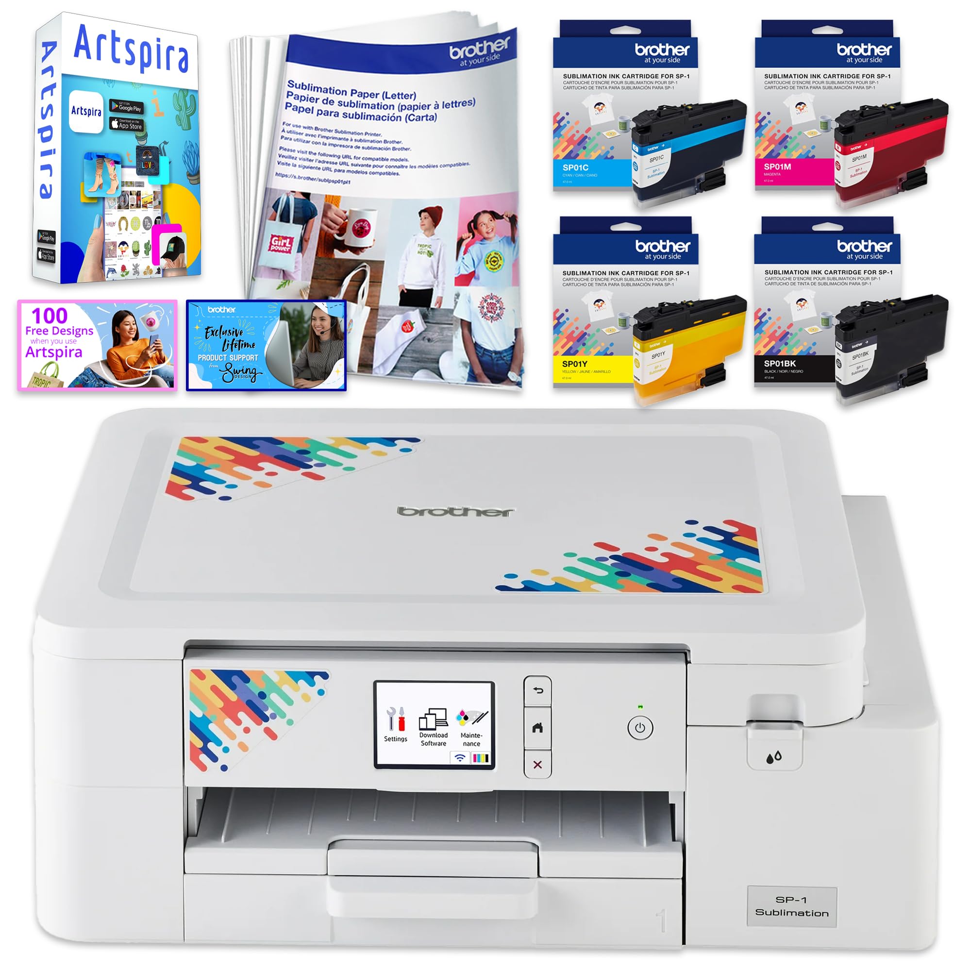 Brother SP-1 Sublimation Printer with Full CMYK 47ml Ink Set, 10 Dye-Sublimation Transfer Sheets & Artspira Design Software