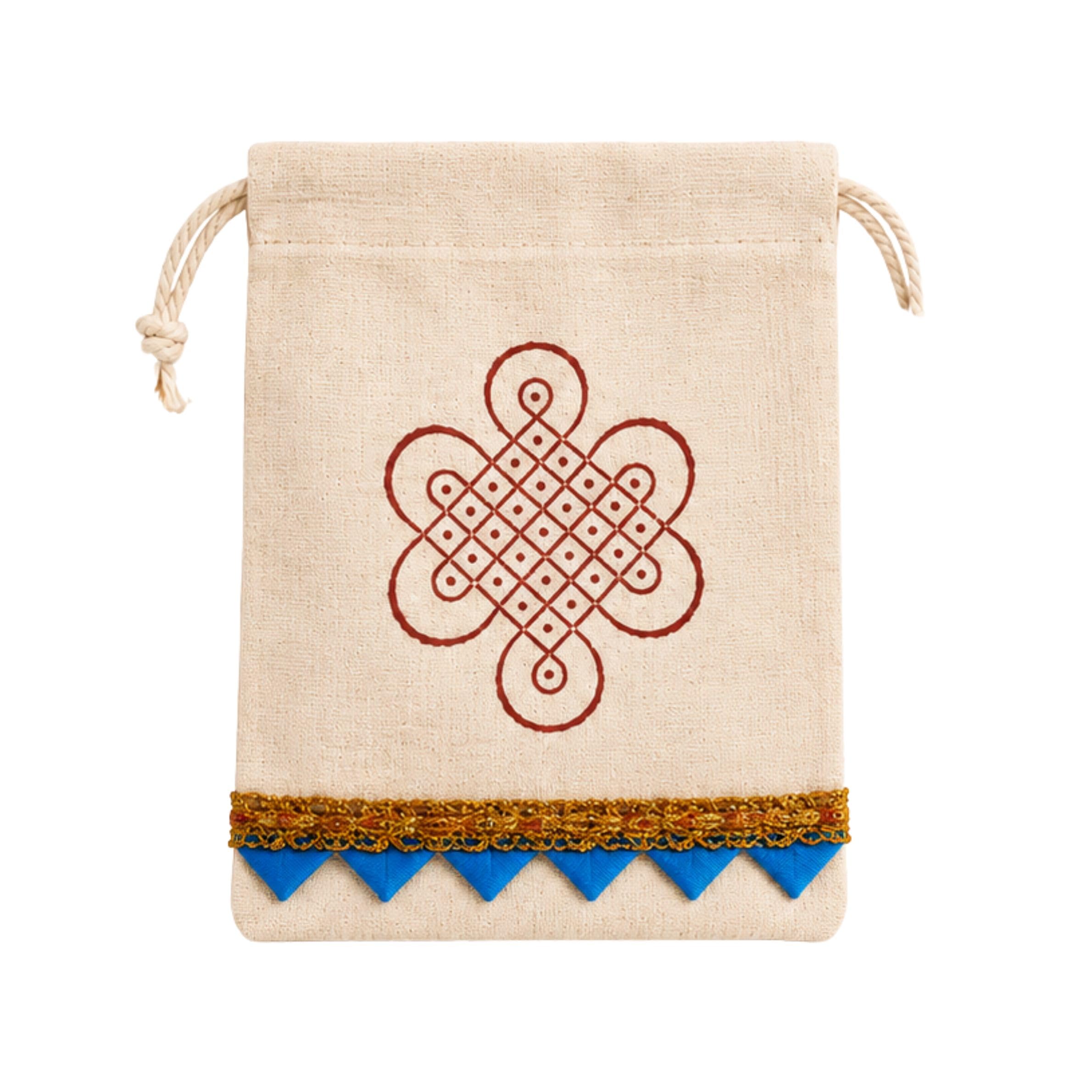 Kalapini Cotton Return Gift Pouch | Block Printed Kolam Drawstring Potli Bag with Lace Border | Tambulam Bag for Pooja, Wedding Favors, Haldi Kumkum & Gift Packing (Pack of 10)-image-48