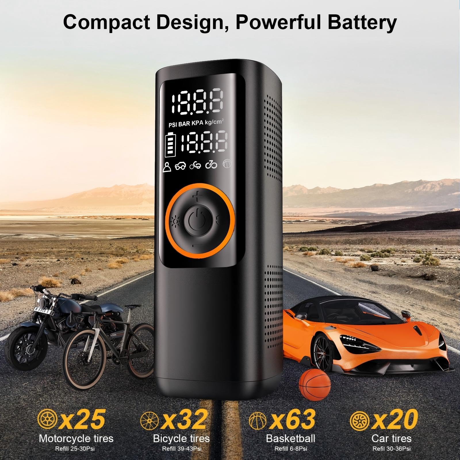 Gonfleur pneus compresseur d'air Portable - 150 PSI sans Fil, Batterie 7800mAh & Double Alimentation 12V DC, gonflage Rapide 25L/Min, arrêt Automatique, lumière LED. pour Voiture, vélo, Moto, Ballons