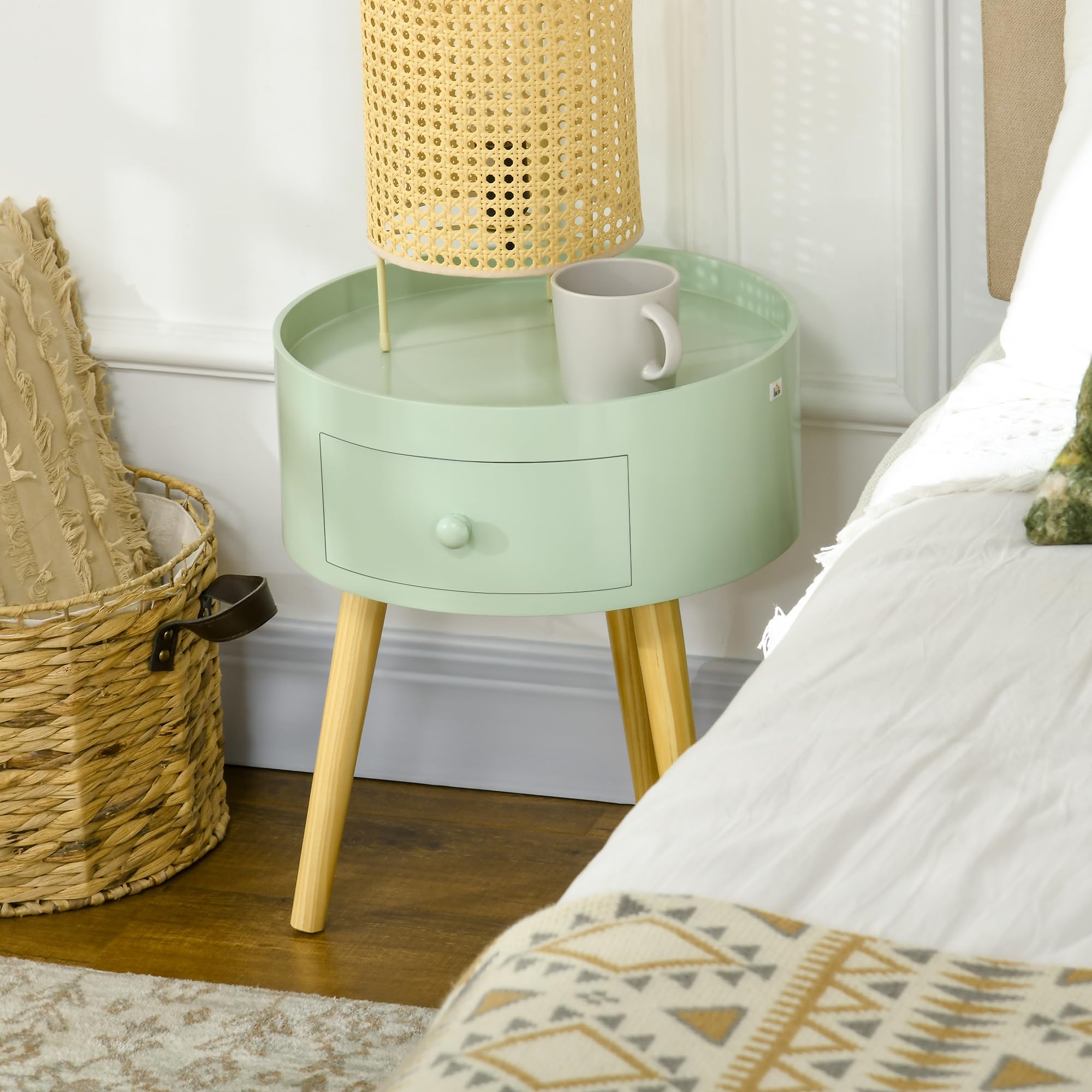 HOMCOM Tavolino da caffè - Tavolino rotondo con cassetto, Verde | Design scandinavo, tavolino da salotto, gambe affusolate e angolate, legno massello
