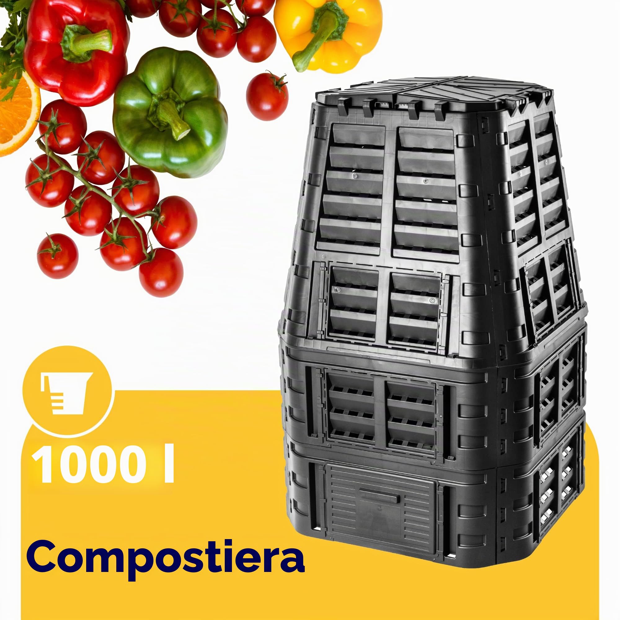 KADAX Compost, Sistema di compostaggio Nero, composti di plastica, Compost Termico Resistente al Tempo con Coperchio Pieghevole (1000L)