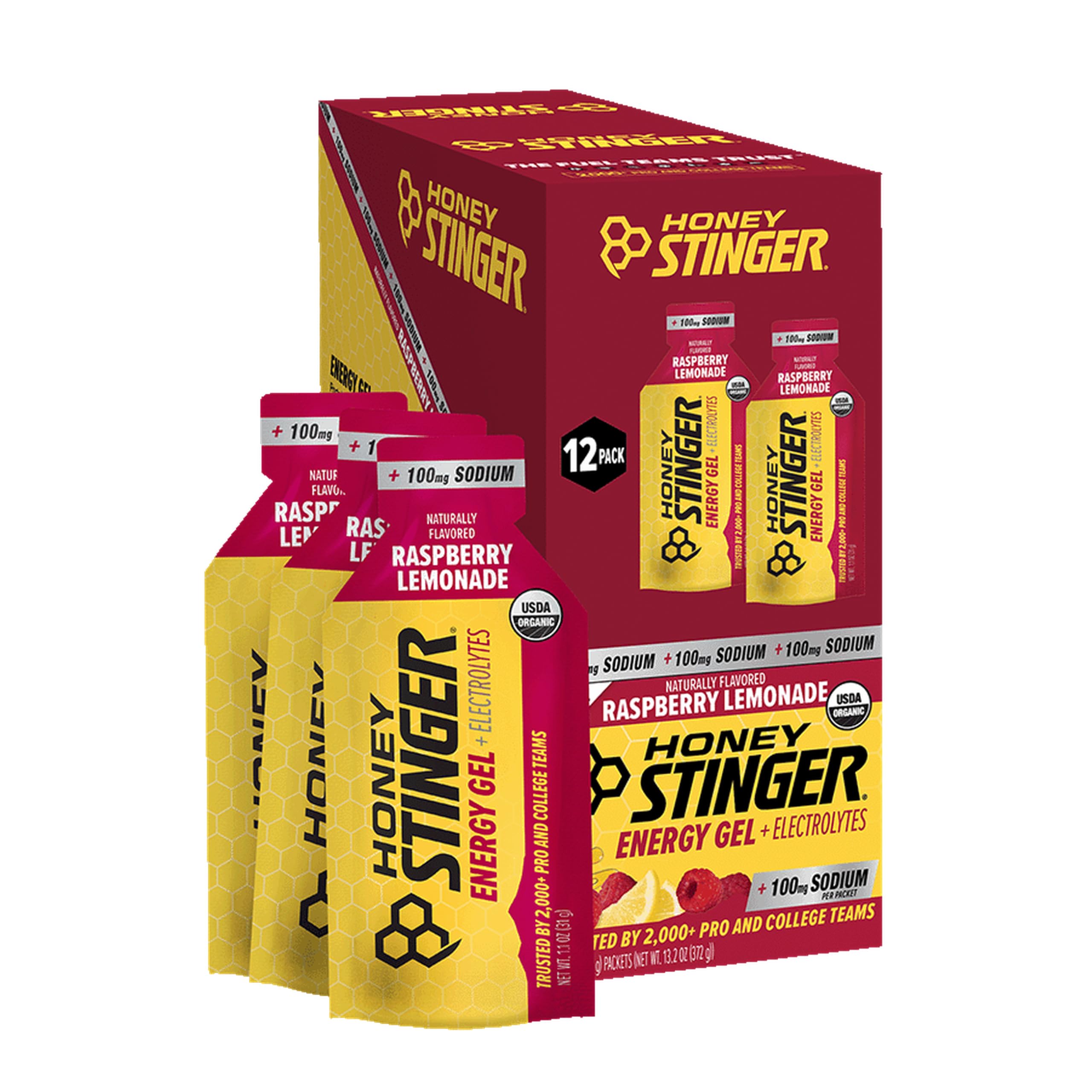 Honey Stinger Organic Raspberry Lemonade Electrolyte Energy Gel, Gluten Free &amp; Caffeine Free, Sports Nutrition for Exercise, Running &amp; Performance, Pre &amp; Mid Workout, 12 Pack, 13.2 oz