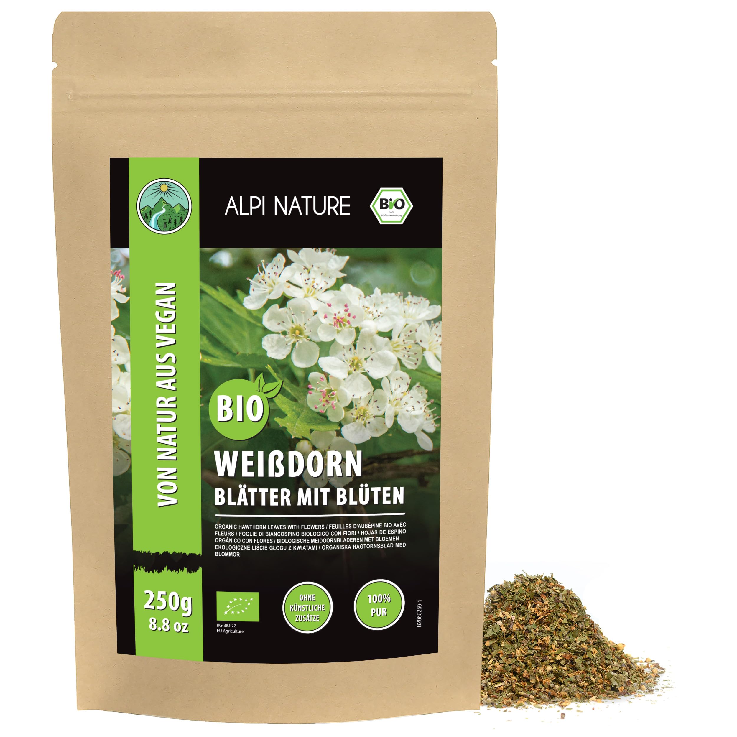 Alpi Nature Weissdorn Tee BIO 250g, Weissdorn Blätter und Blüten geschnitten, Weißdorn Tee lose