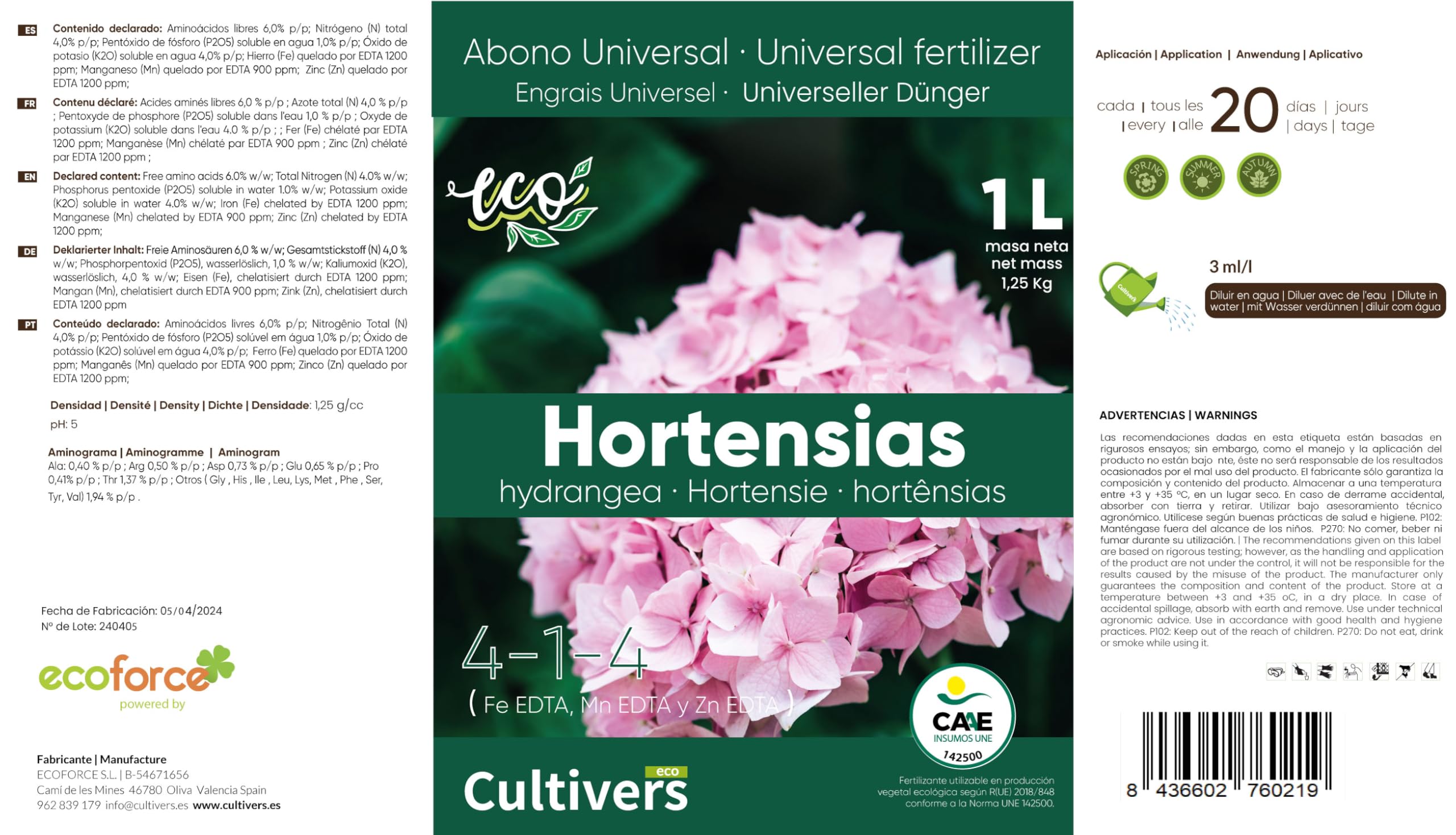 CULTIVERS Fertilizante Hortensias Ecológico de 2x1L. Abono Líquido Mayor Floración y Intensifica el Color. Plantas sanas y Fuertes. Abono 100% Natural