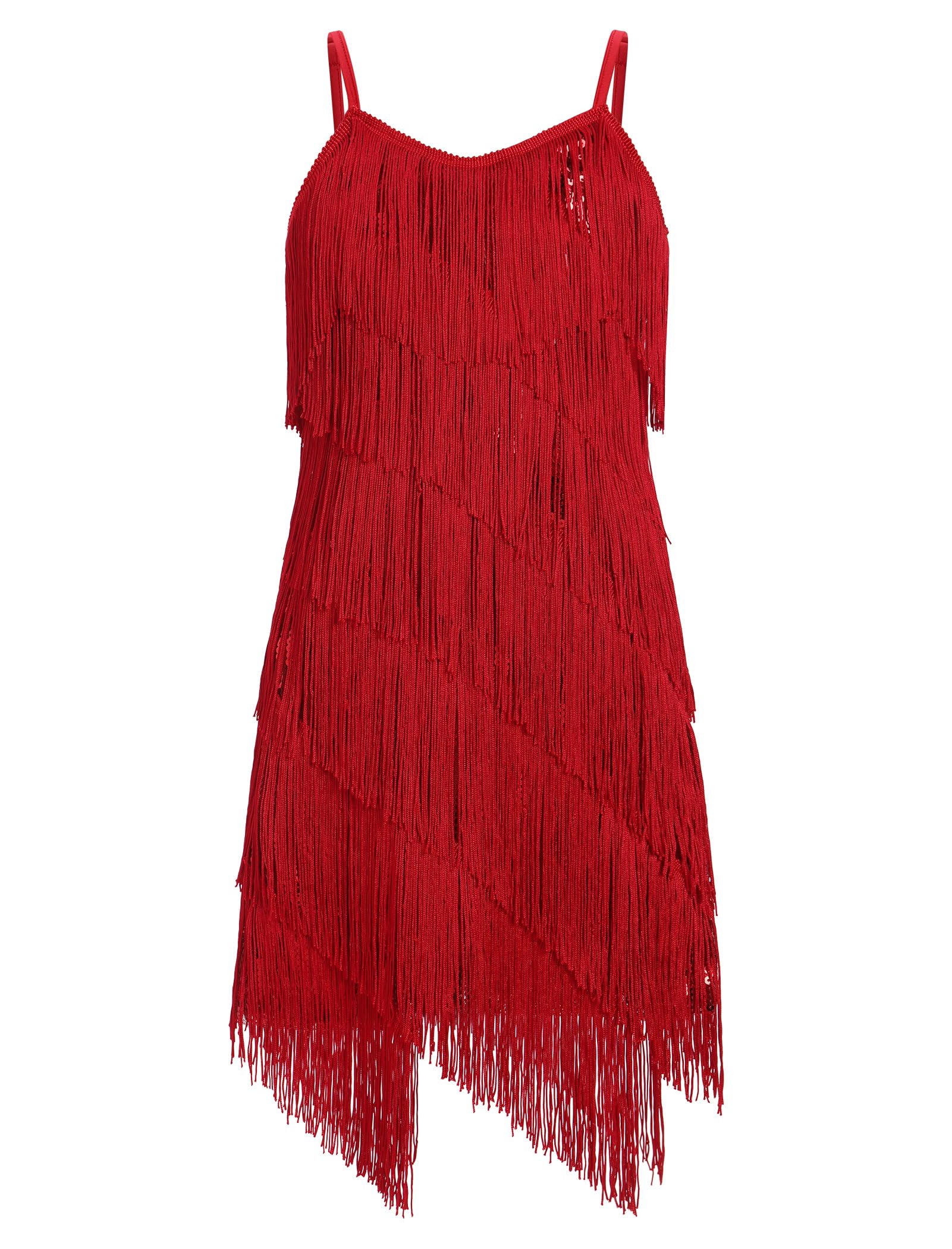FYMNSI Robe de danse latine pour filles - Tenue de danse de salon - Col en V - Paillettes scintillantes - Pompons à franges
