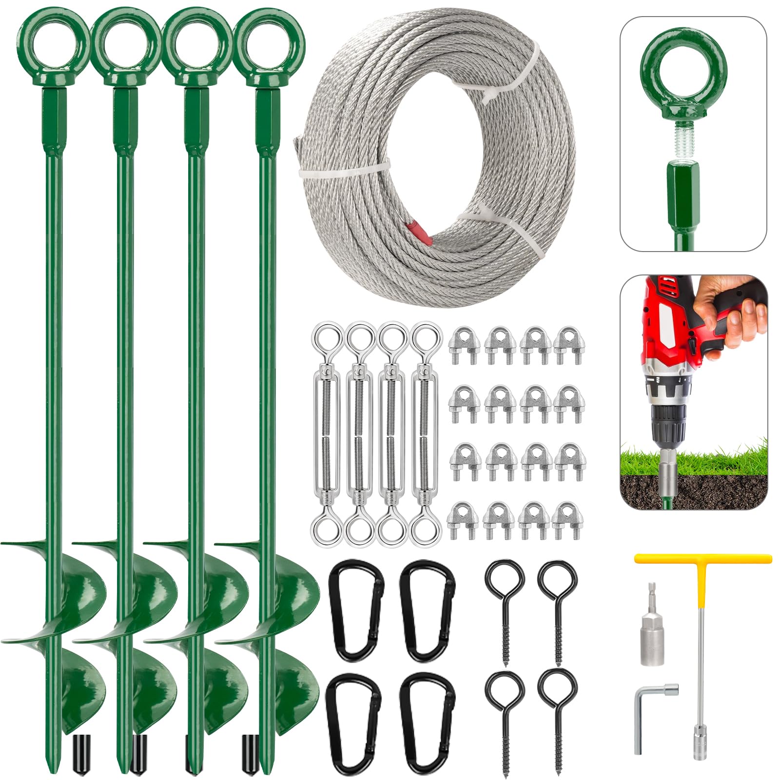 Kit di ancoraggio per capanno da 76,2 cm, ancoraggio a tripla elica con cavo zincato da 15,7 m, 4 tenditori e adattatore per trapano, ancoraggio a coclea verde per baldacchino, gazebo
