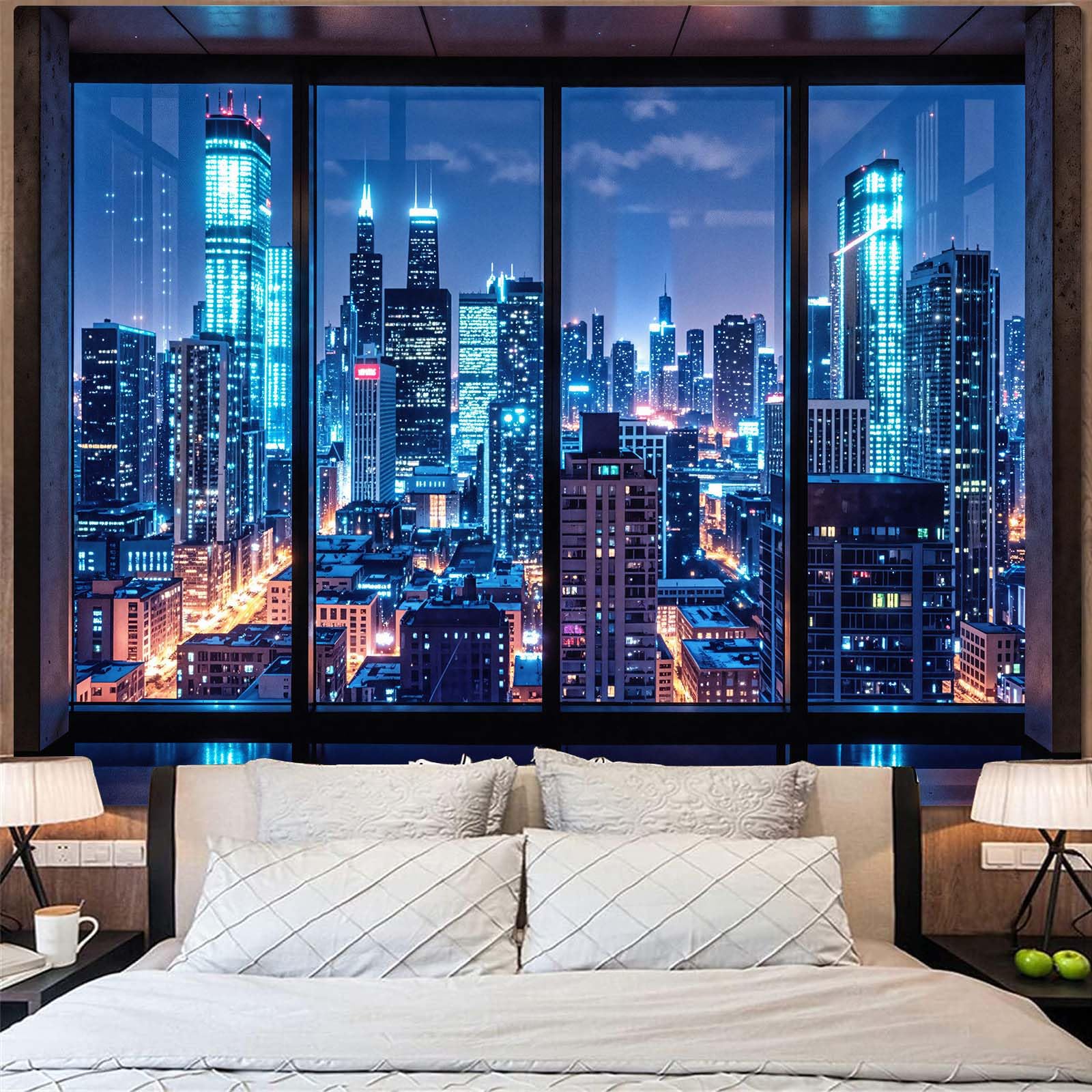 Urban Neon Cityscape Wall Tapestry