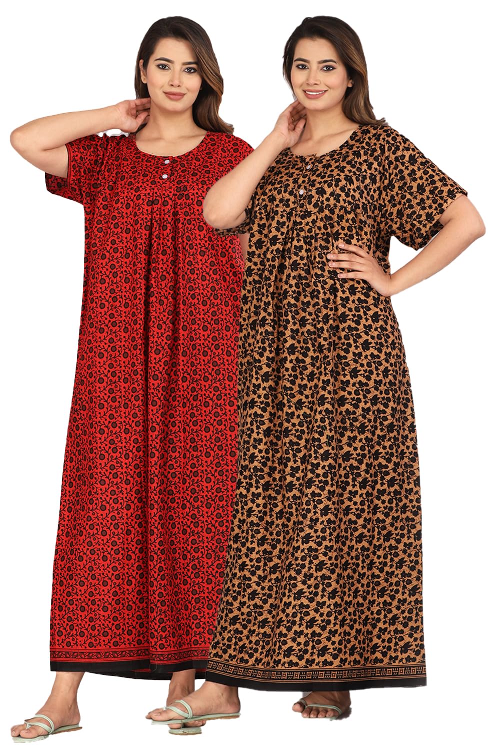 Nighty for Women Cotton Combo (Pack of 2 Pcs) Nighty Gown Round Neck Short Sleeves Free Size-image-36