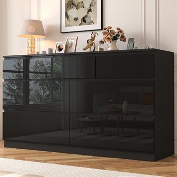 JassmiPkwy 55 INCH 7 Drawers Dresser with Power Outlet, Wide High Gloss Chest of Drawers Large, Modern Storage Drawer Dresser for Bedroom, Black